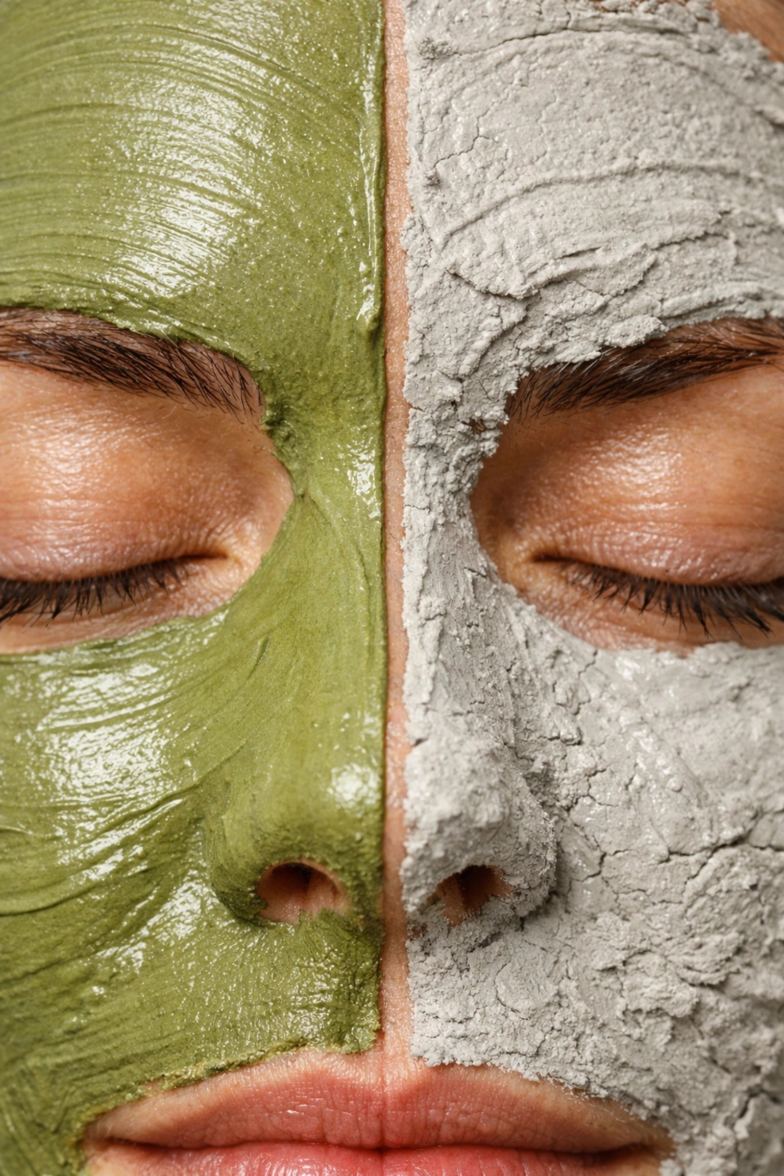 French green clay and bentonite clay face masks applied side-by-side for texture comparison