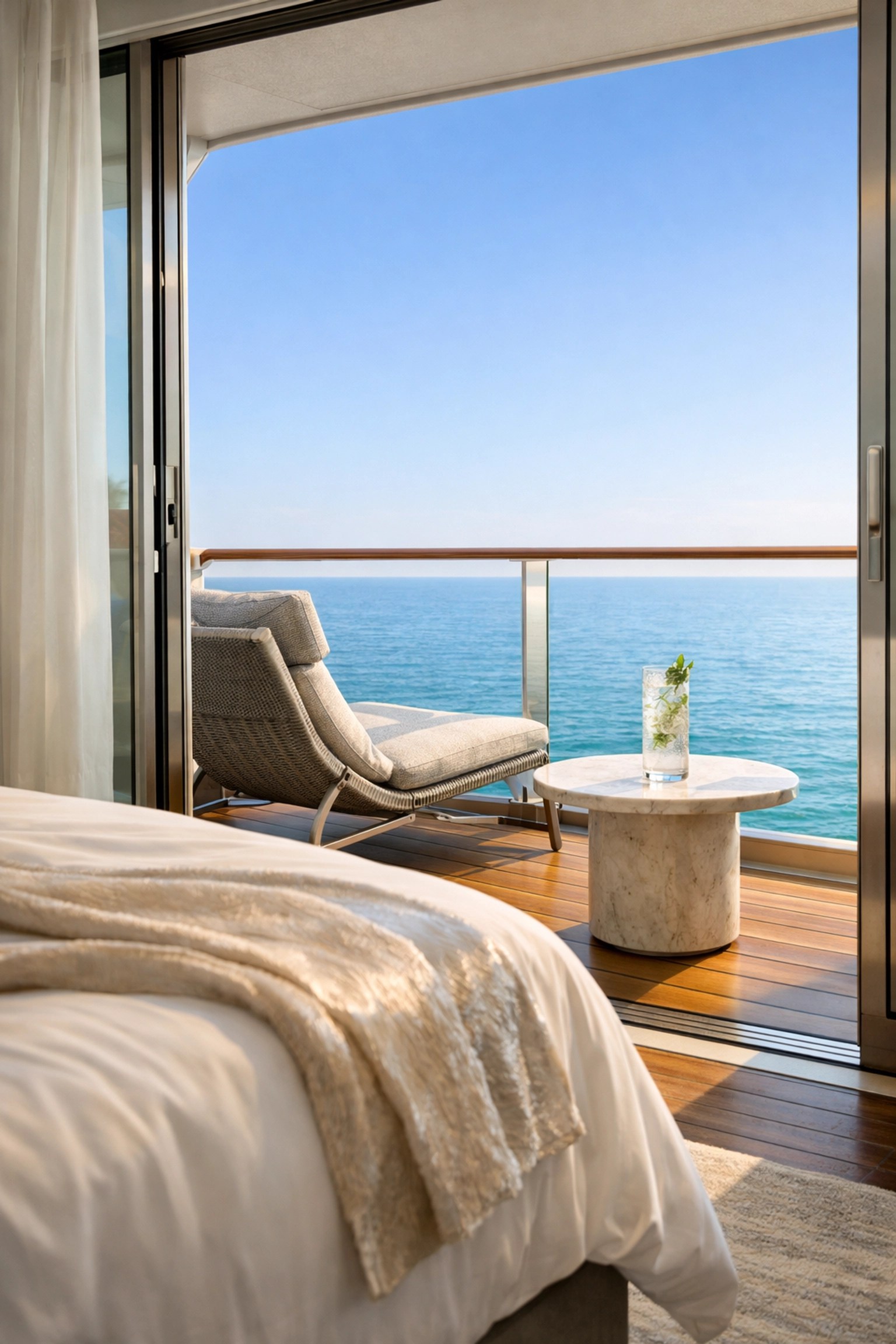 Luxury cruise balcony suite with ocean views, curated for stress-free travel by AHTRAVELSNYC.