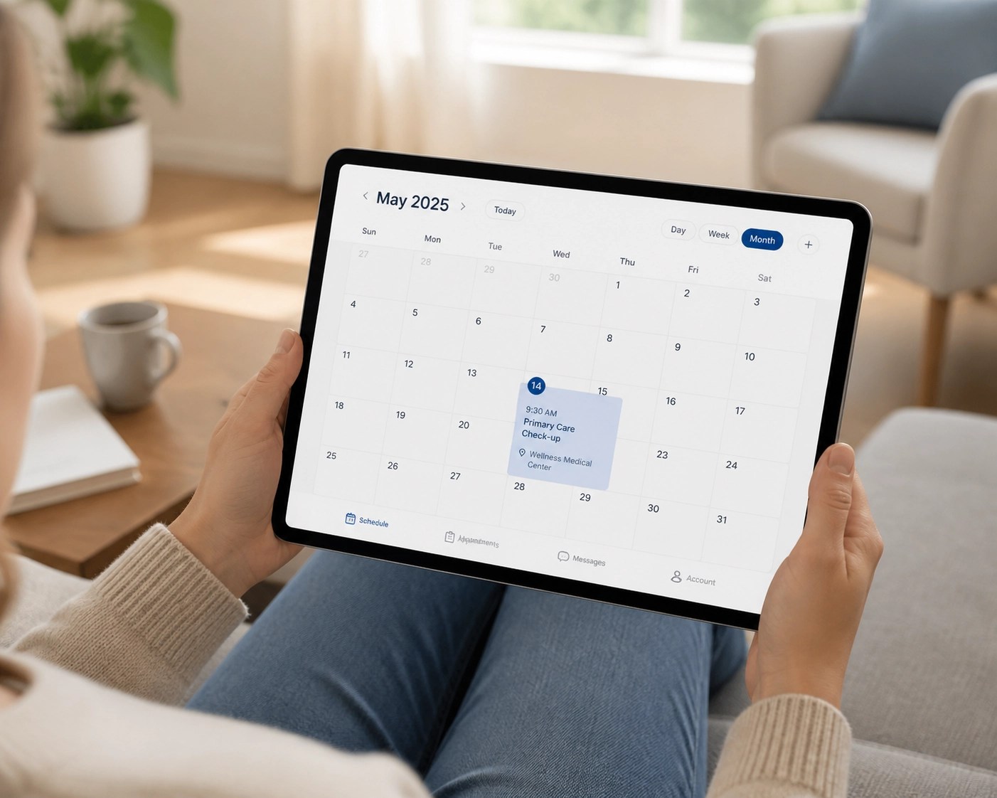 Patient scheduling a medical ride on a digital calendar for guaranteed NEMT reliability.