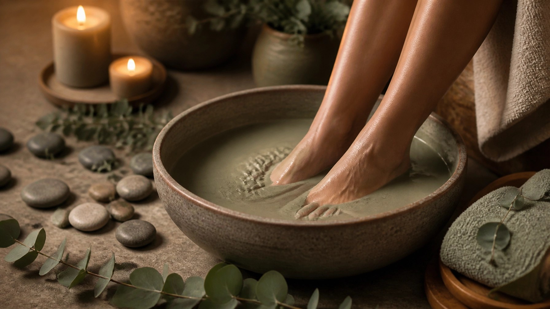 A relaxing scene of feet soaking in a clay-infused basin