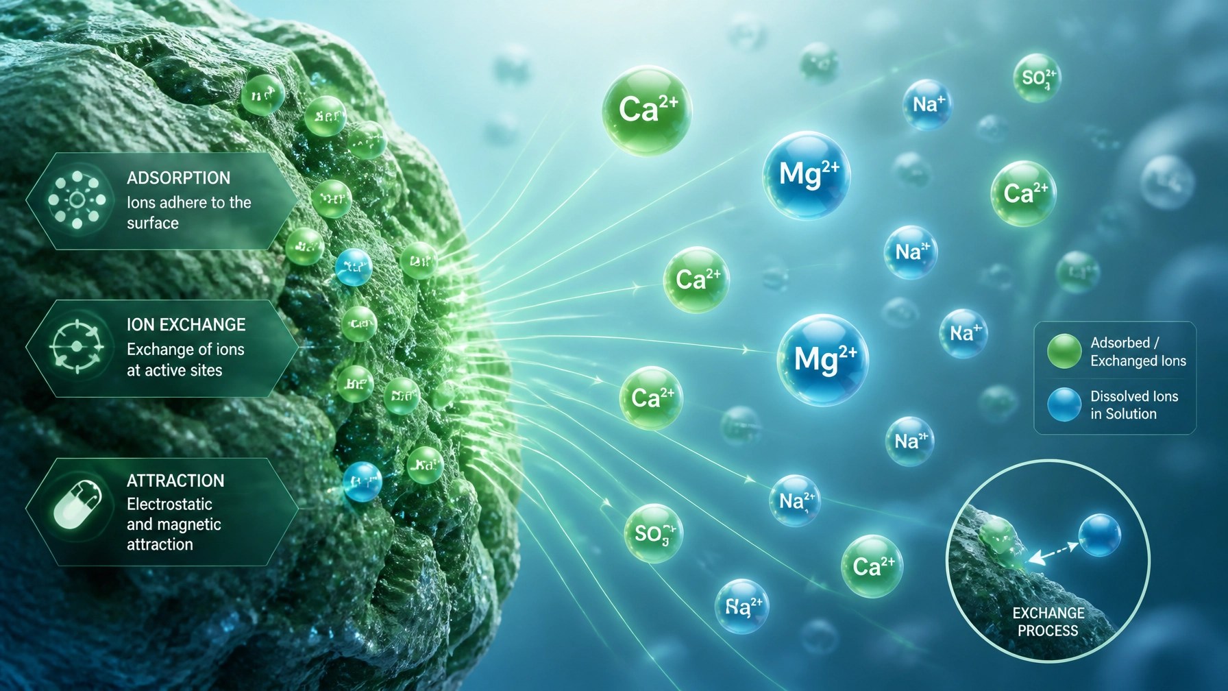 Scientific visualization of mineral ions and adsorption science.