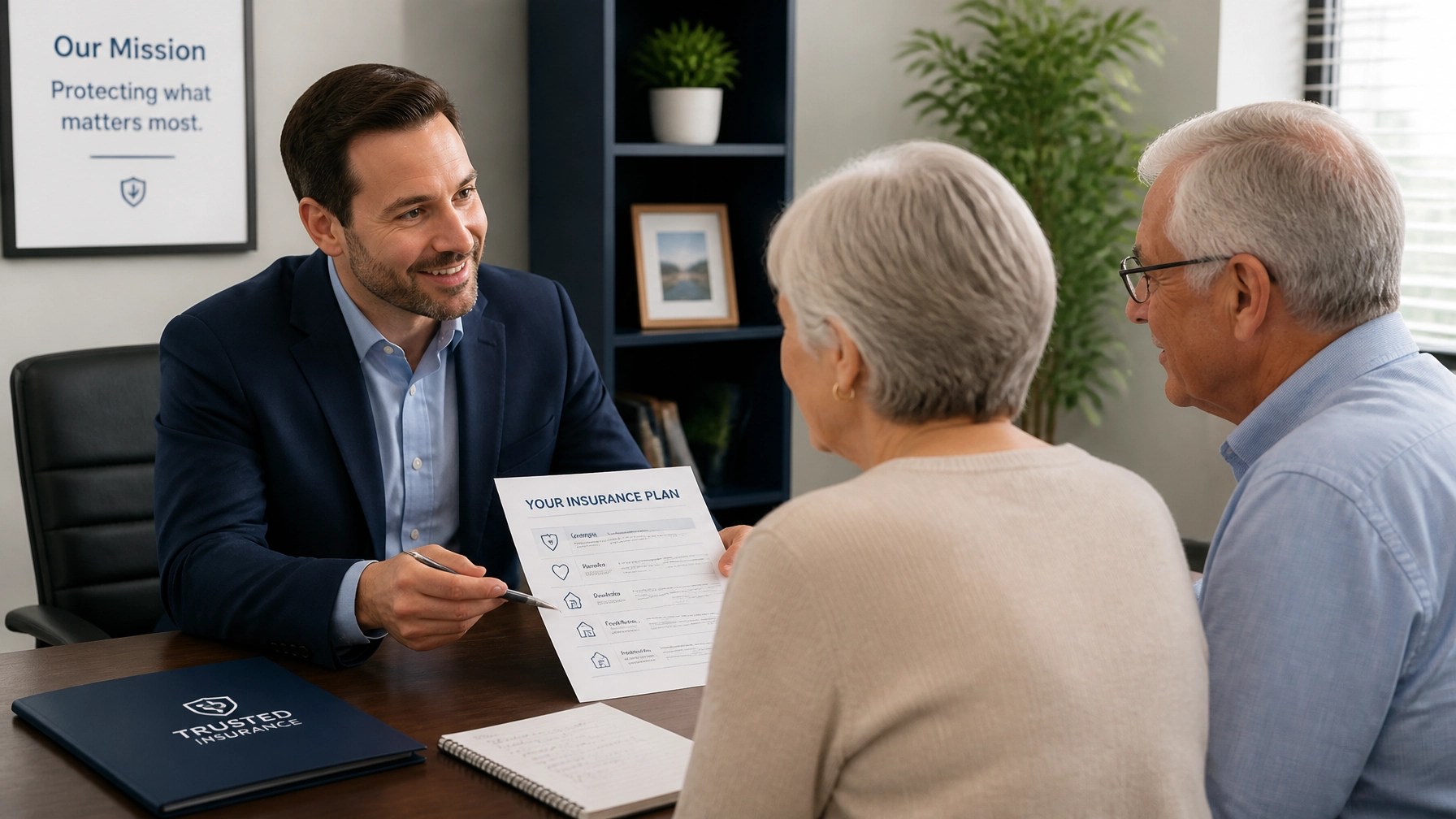 A friendly insurance agent sitting across a table from an older couple, explaining paperwork with a reassuring smile