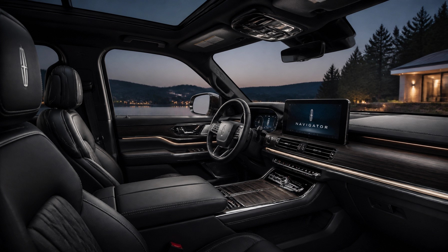 Interior of a luxury Lincoln Navigator featuring premium leather and a panoramic sunroof