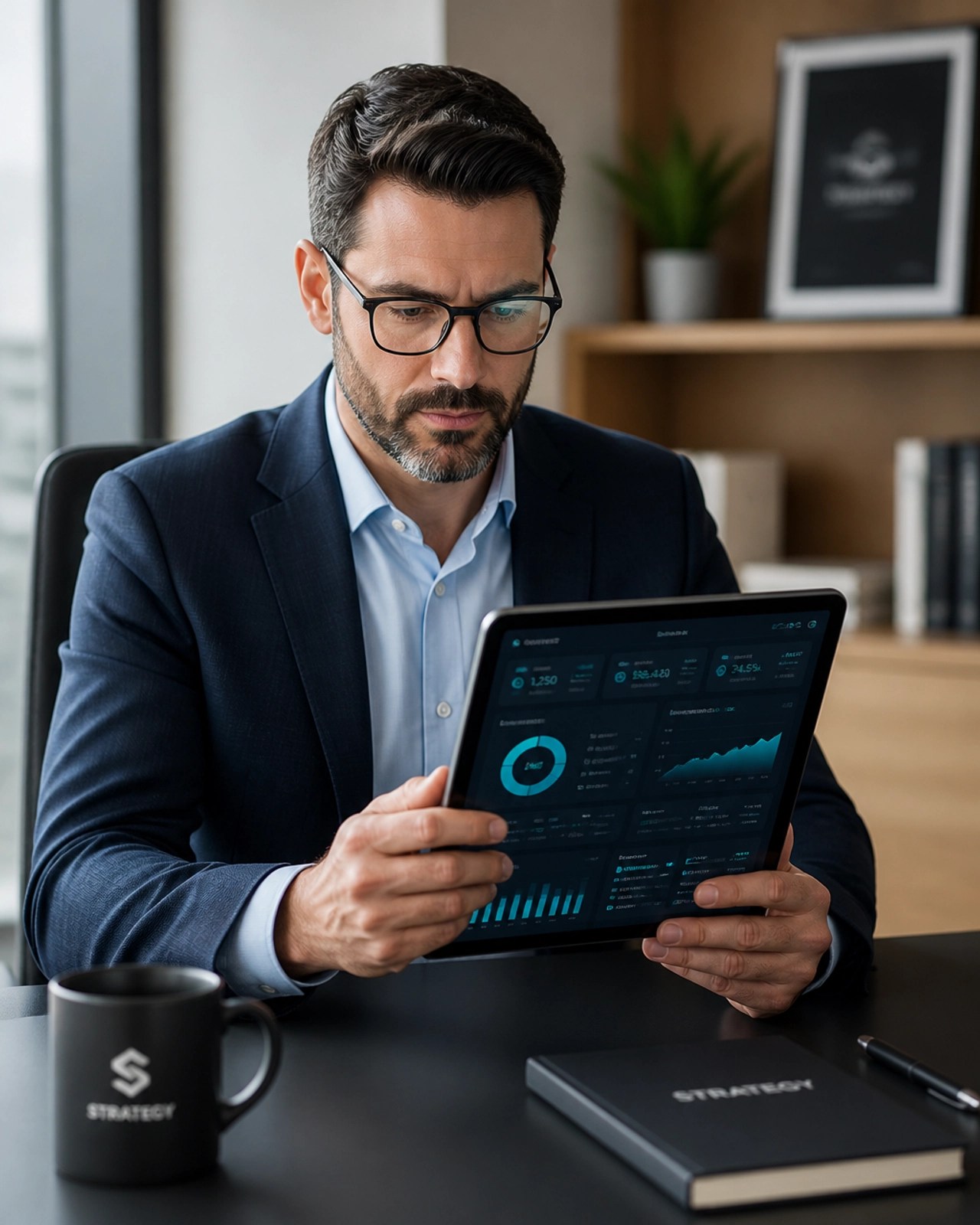 Professional portrait of a focused tech strategist reviewing a clean high-tech dashboard