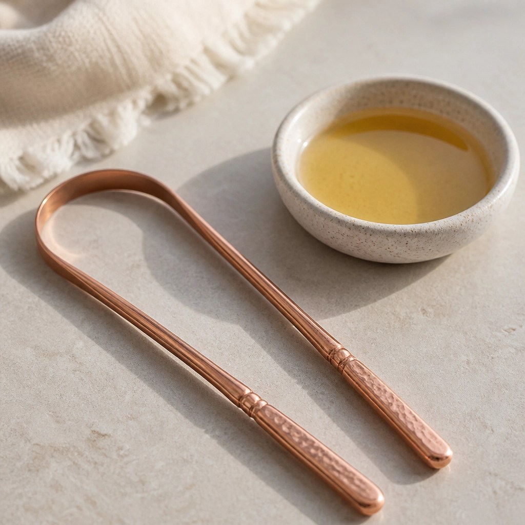 A close-up photograph of a handcrafted copper tongue scraper and a small dish of organic sesame oil for oil pulling on a clean stone surface.