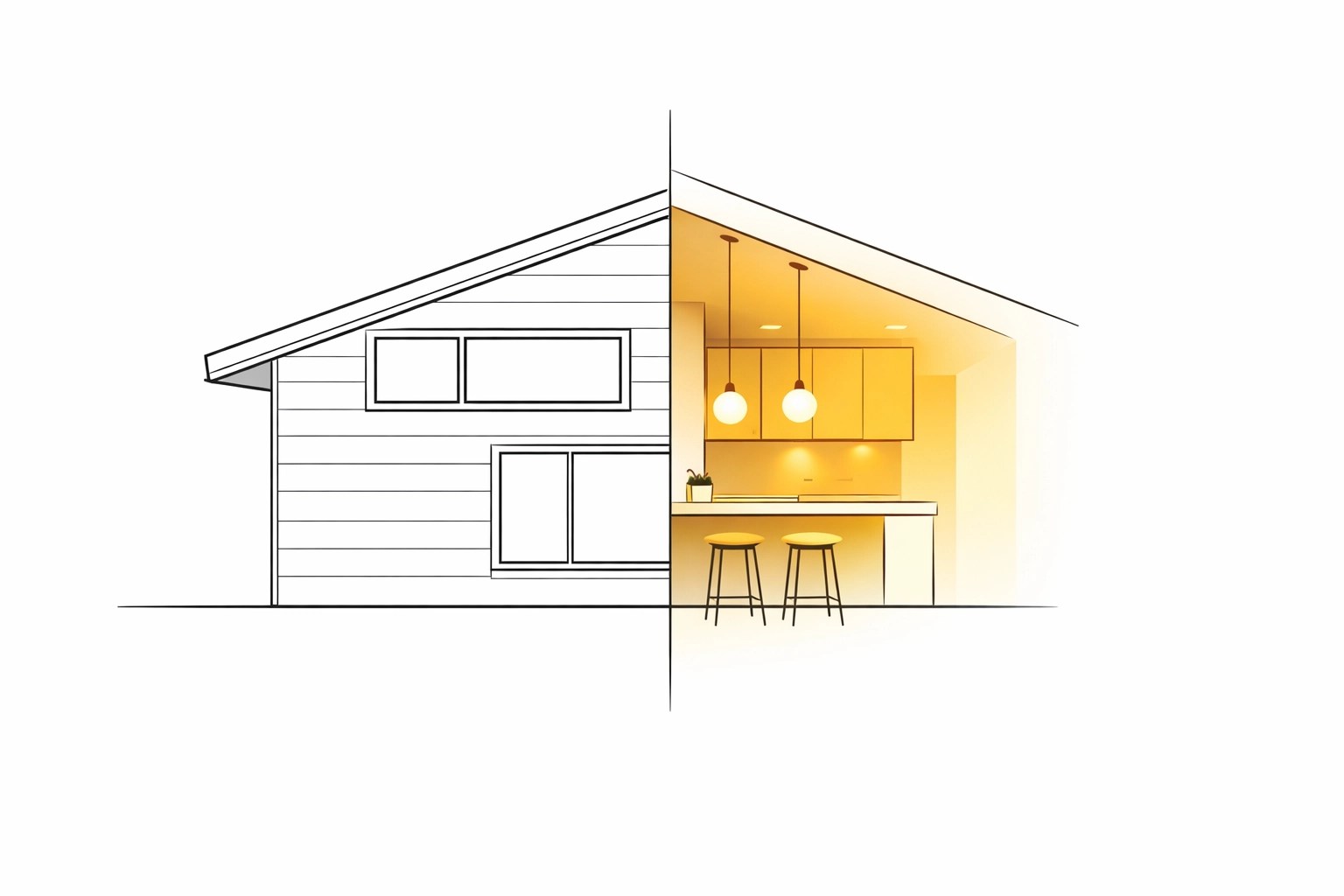 Modern house silhouette highlighting custom exterior siding and interior finishes.
