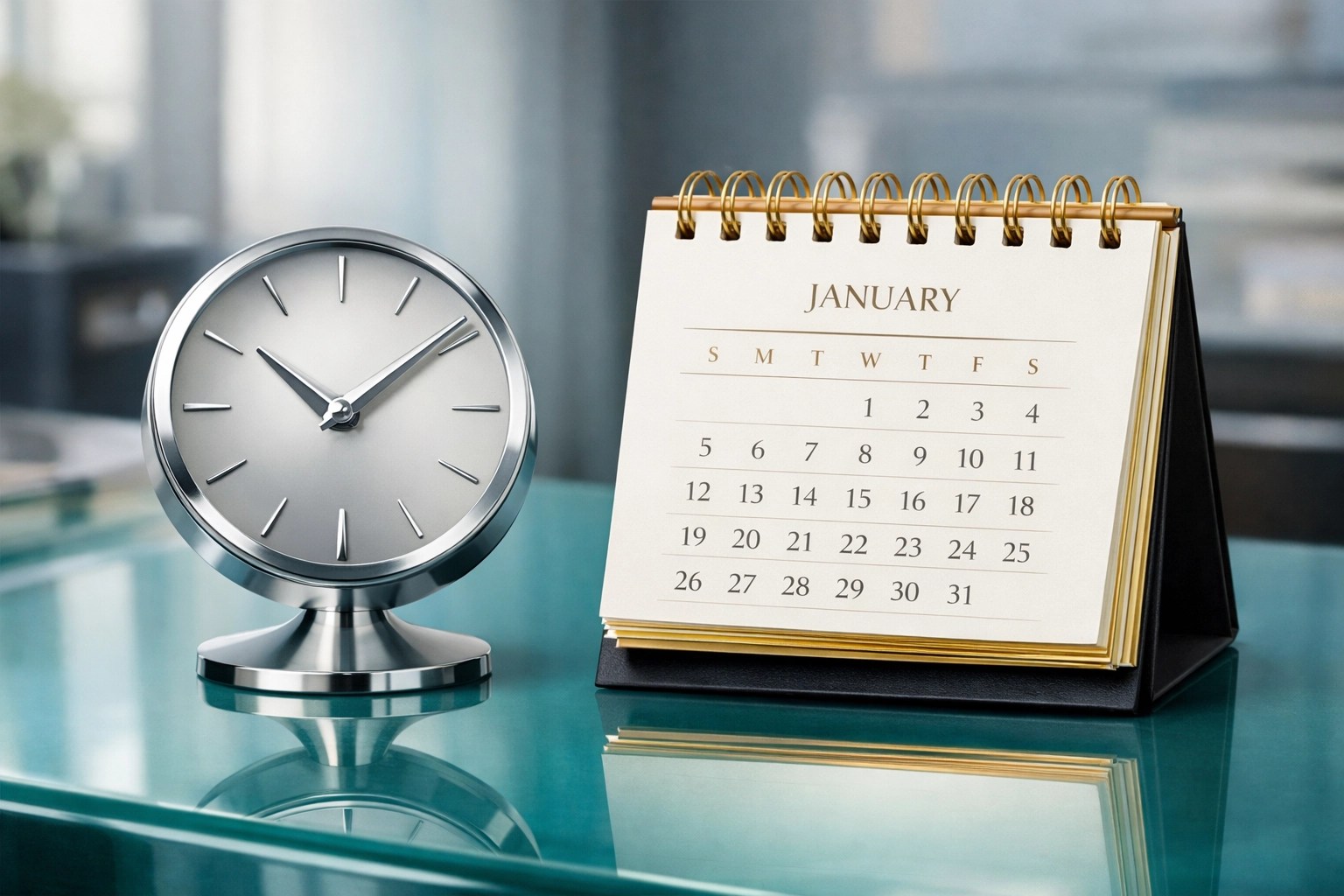 Desk clock and calendar highlighting 2026 New Mexico campaign finance reporting deadlines.