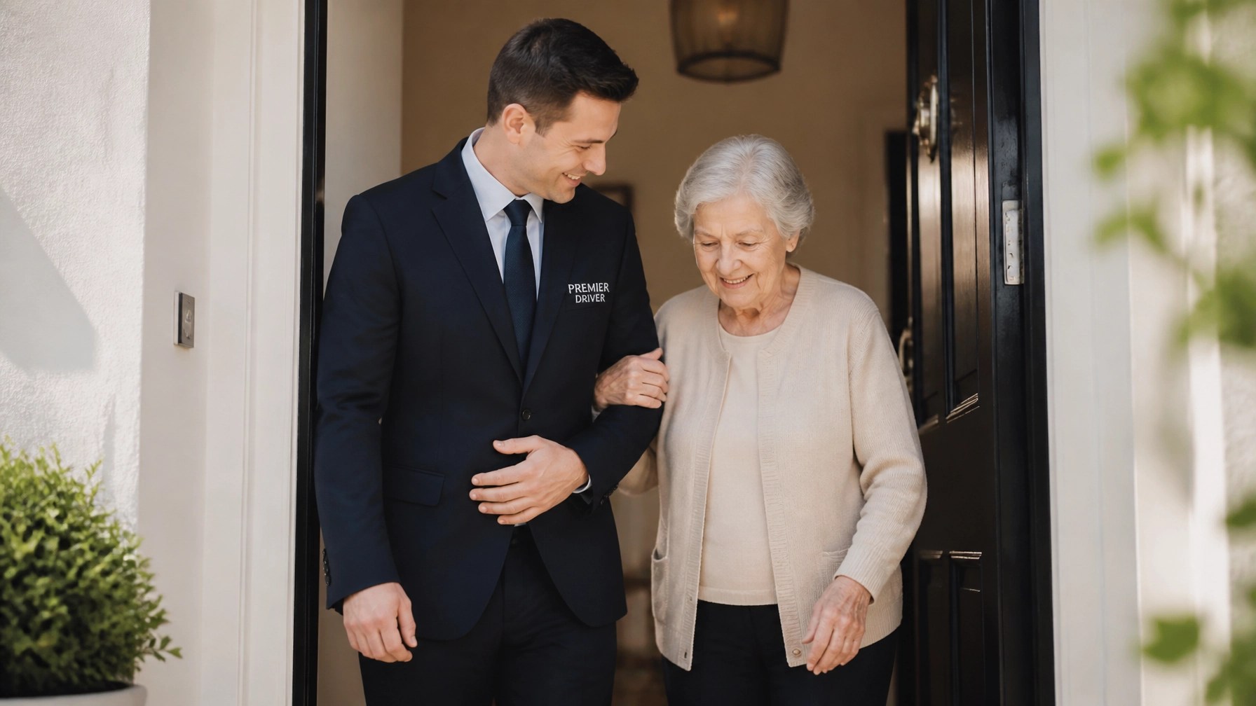 A friendly NEMT driver assisting an elderly patient at their front door