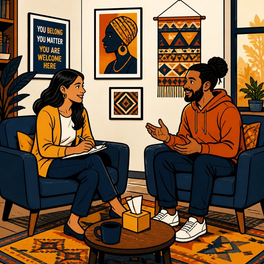 Two people from different cultural backgrounds sitting in a comfortable therapy room, representing cultural responsiveness and inclusion in private practice branding.