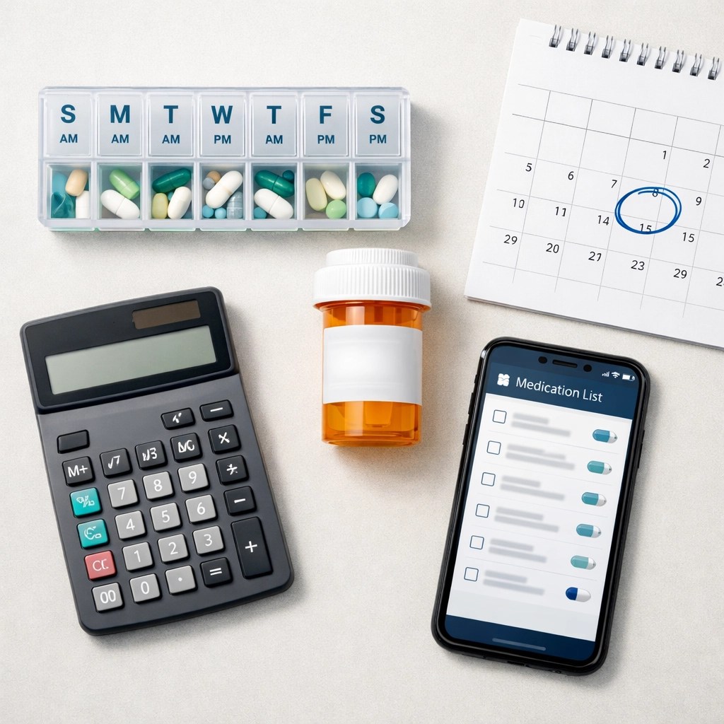 Organizing medications and calculating 2026 Medicare prescription drug costs with a pill planner and calculator.