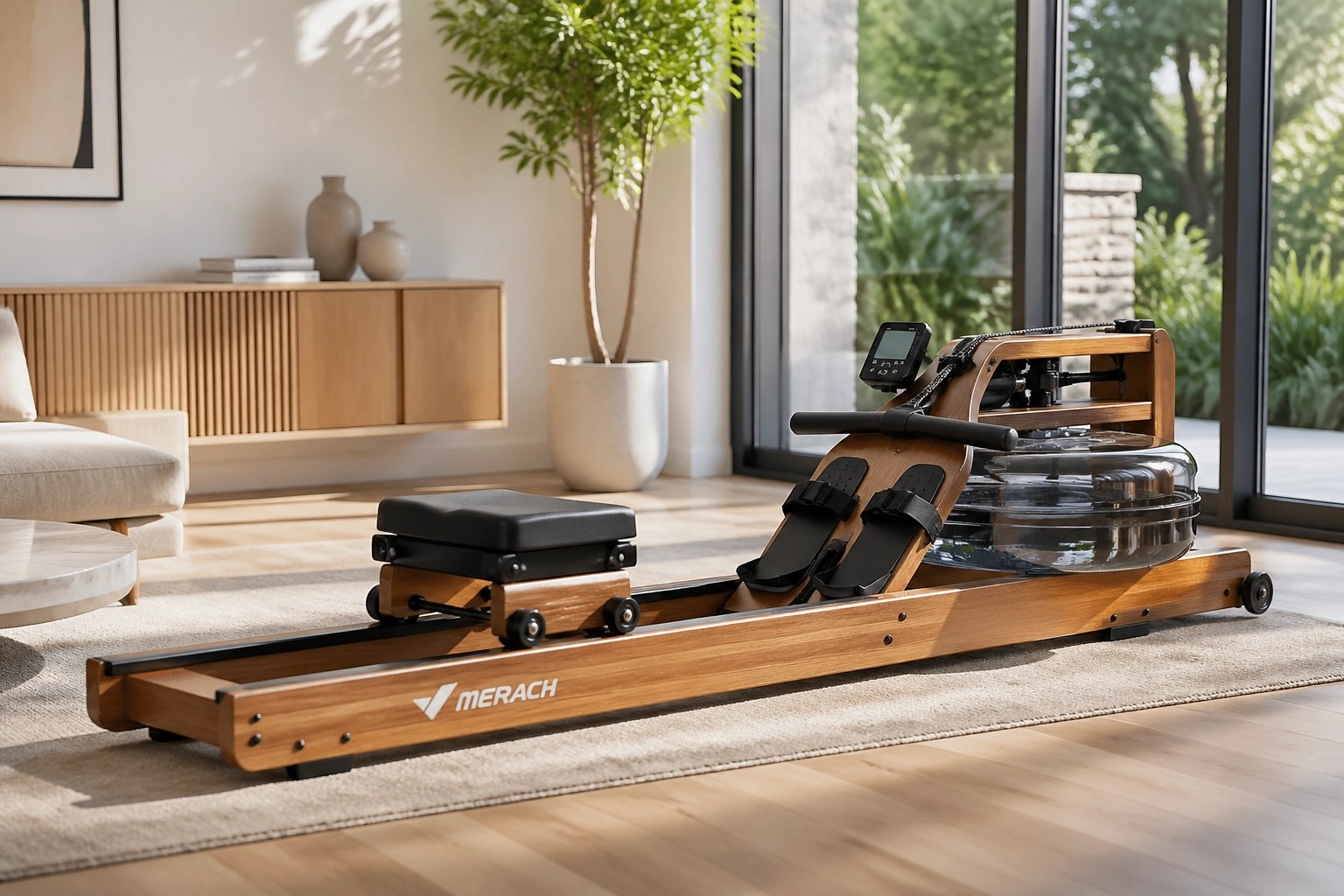 Premium water rowing machine in a bright home setting, an ideal choice for short term exercise equipment rental.