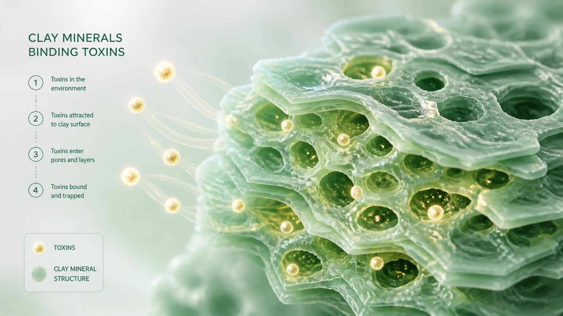 Abstract scientific visualization of clay particles binding toxins