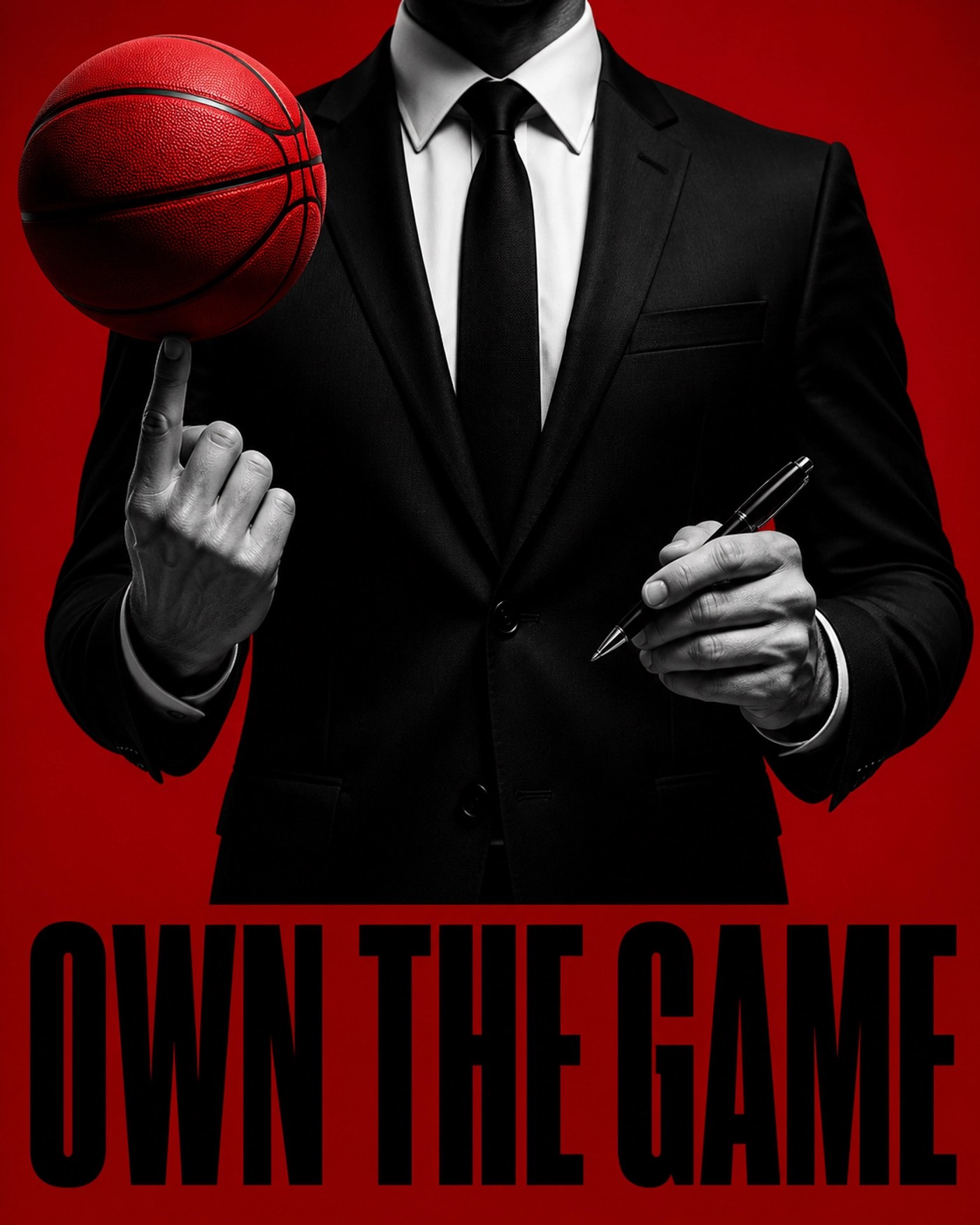 Person in a suit spinning a basketball while holding a pen, representing athlete ownership and business power.