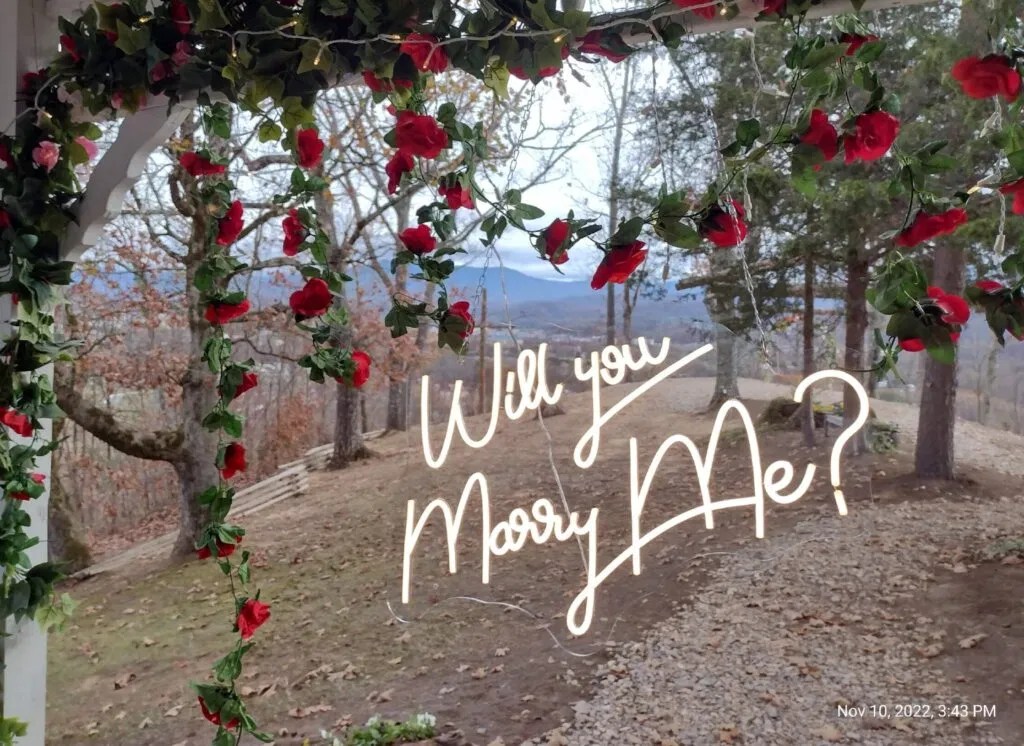 A romantic proposal setup with a neon sign and rose petals on a cabin balcony