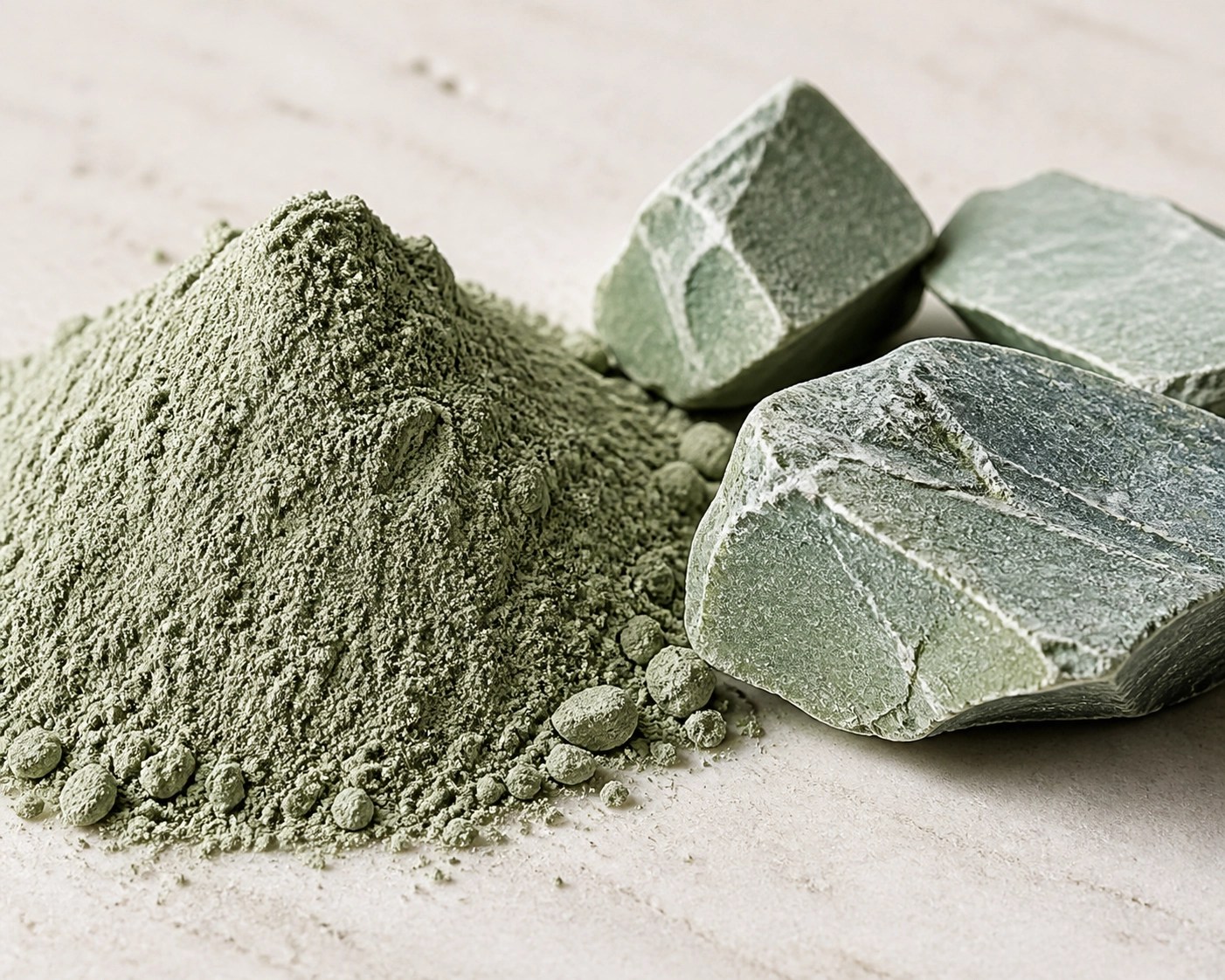 Fine French Green Clay powder and raw minerals used for natural athletic recovery and detox.