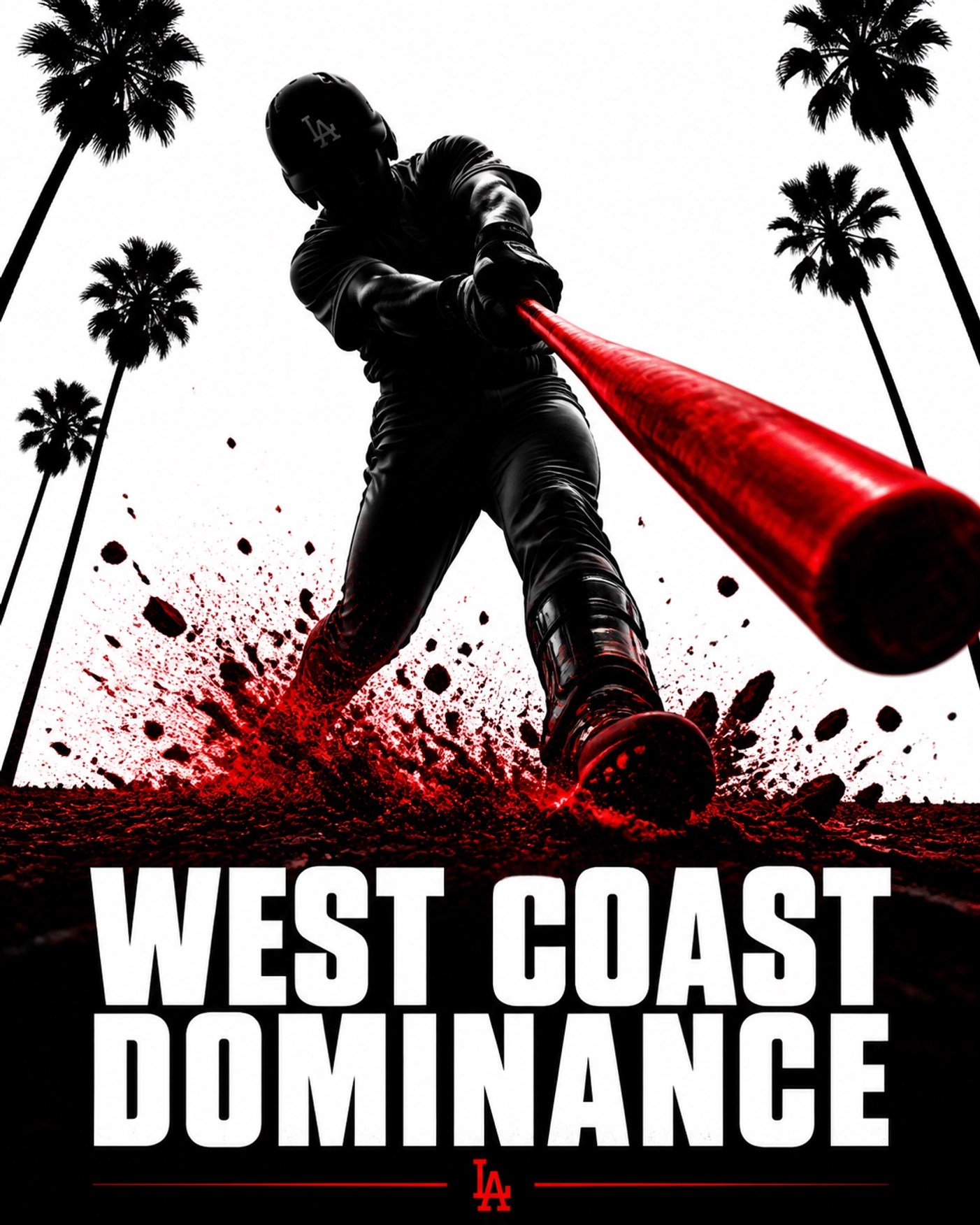 Dramatic silhouetted baseball player swing representing Los Angeles Dodgers and West Coast dominance.