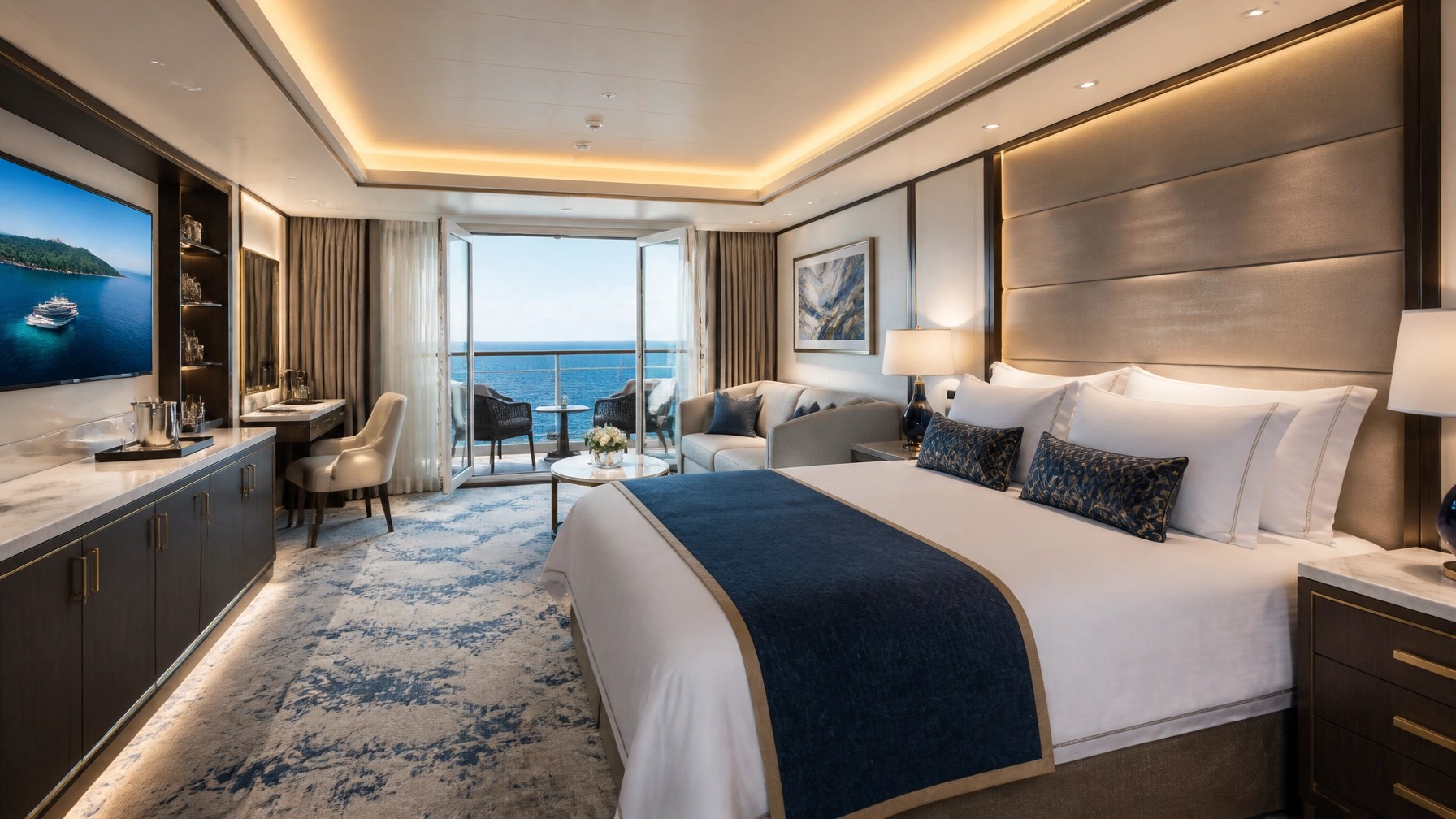 A luxurious cruise ship suite stateroom interior with modern furniture