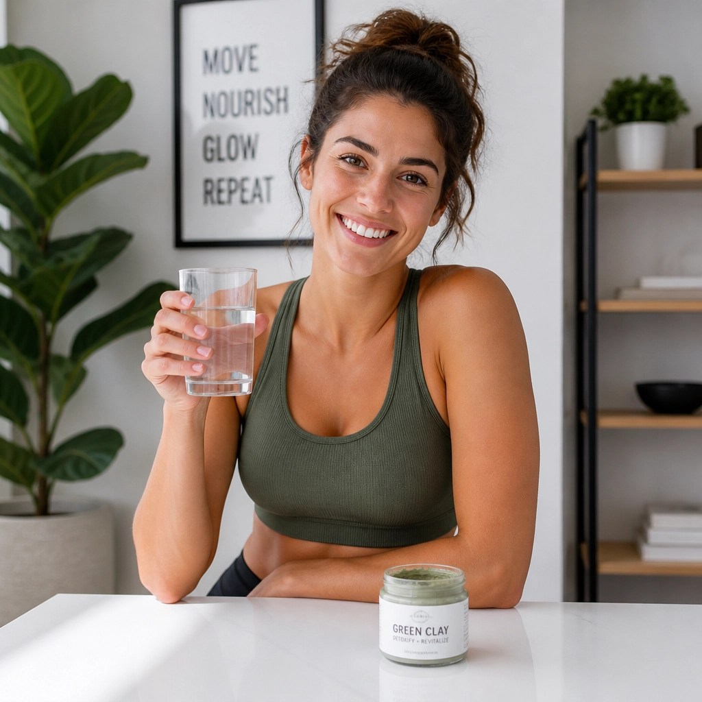 Lifestyle photo of a person with green clay nearby, focusing on health