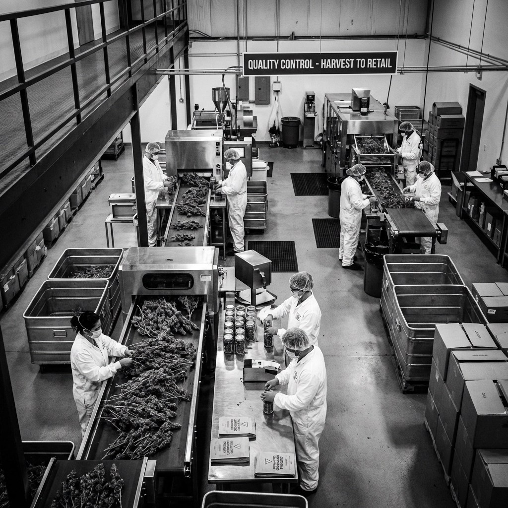 A cheerful man in a Green Spectrums t-shirt poses in front of lush cannabis plants at an outdoor farm tour event.