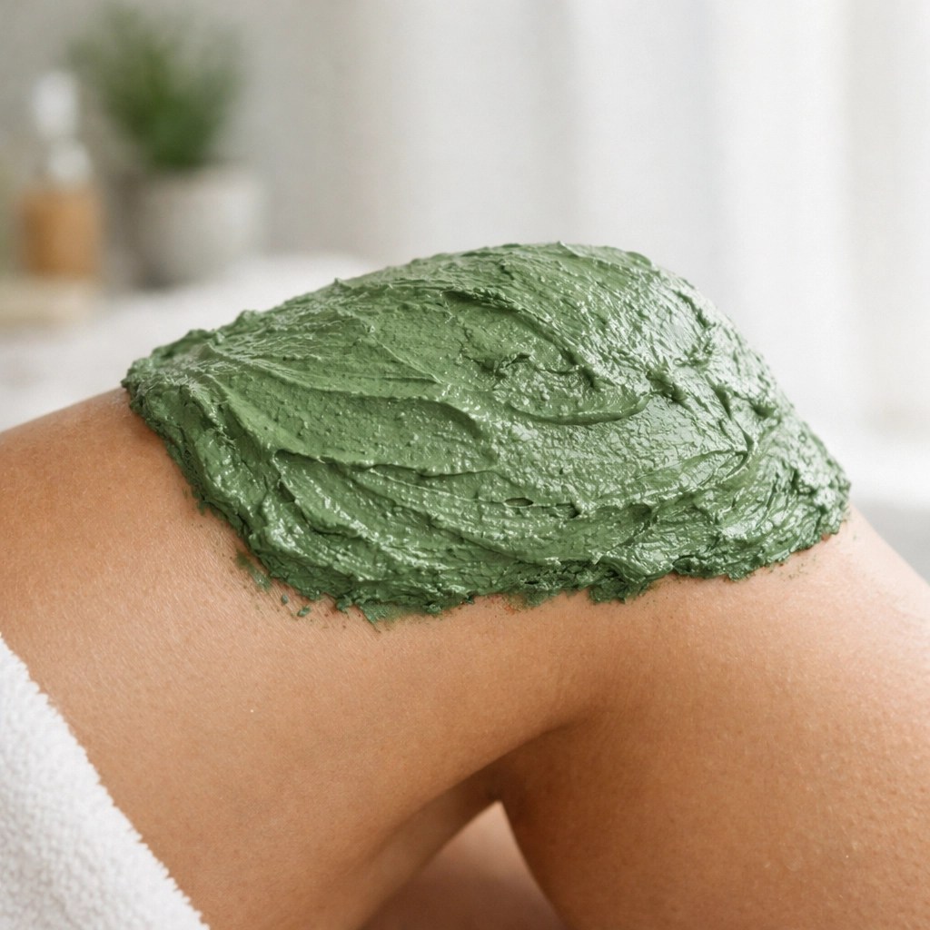 A thick green clay poultice applied to a knee for athletic recovery and natural inflammation relief.