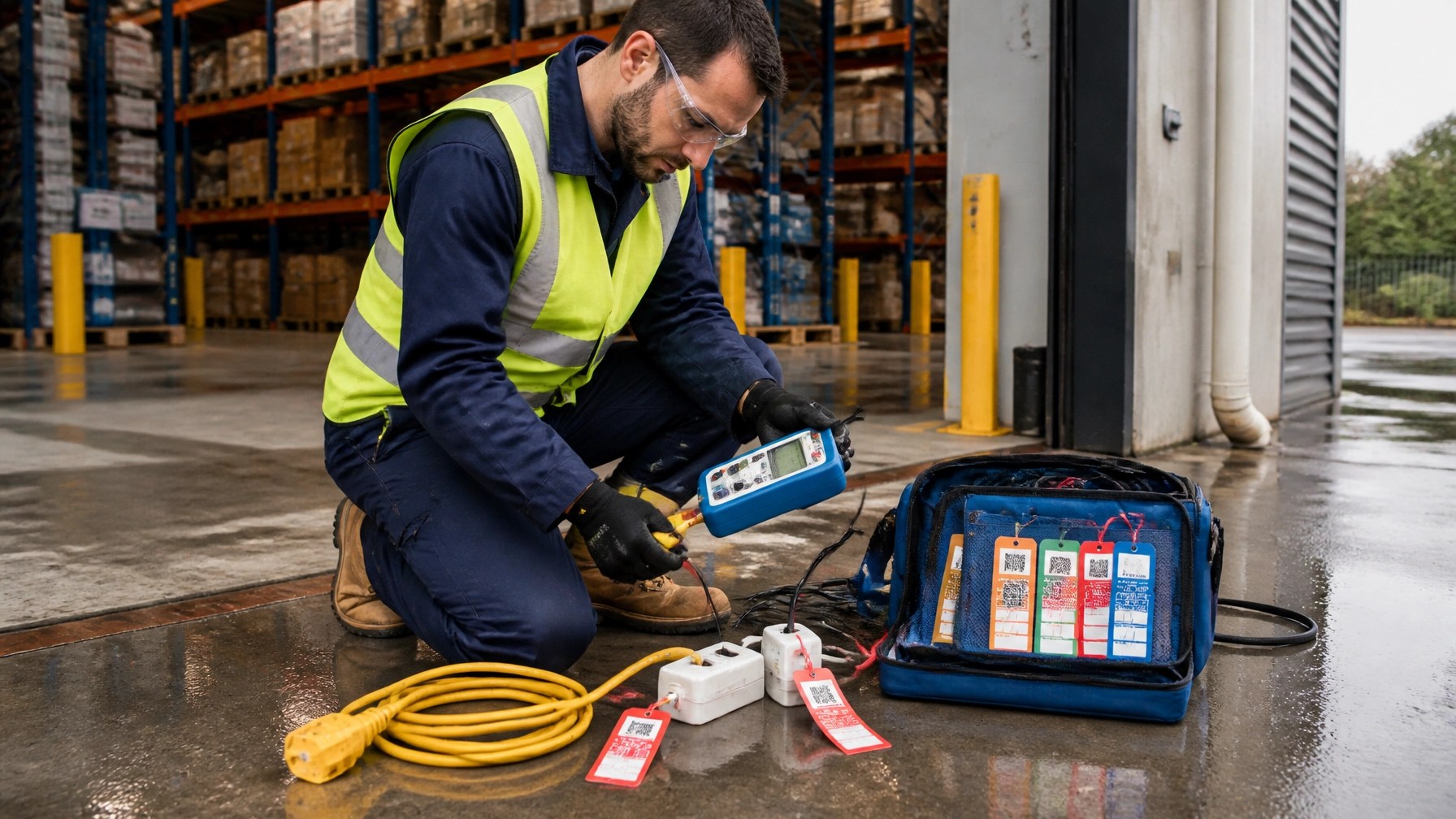 Technician conducting electrical safety testing on equipment in an industrial warehouse