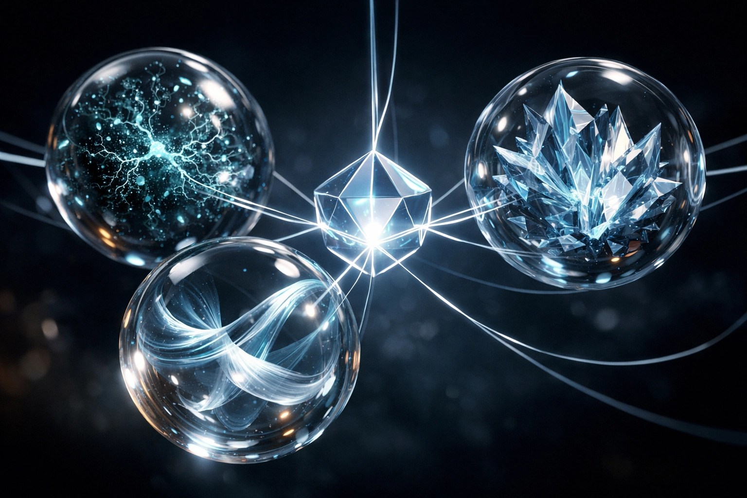 Neon glass orbs representing WordPress, Shopify, and Webflow development platforms for agency scaling.
