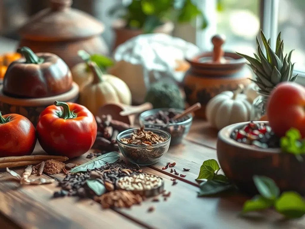 Fresh Ayurvedic ingredients and herbs on a rustic wooden table