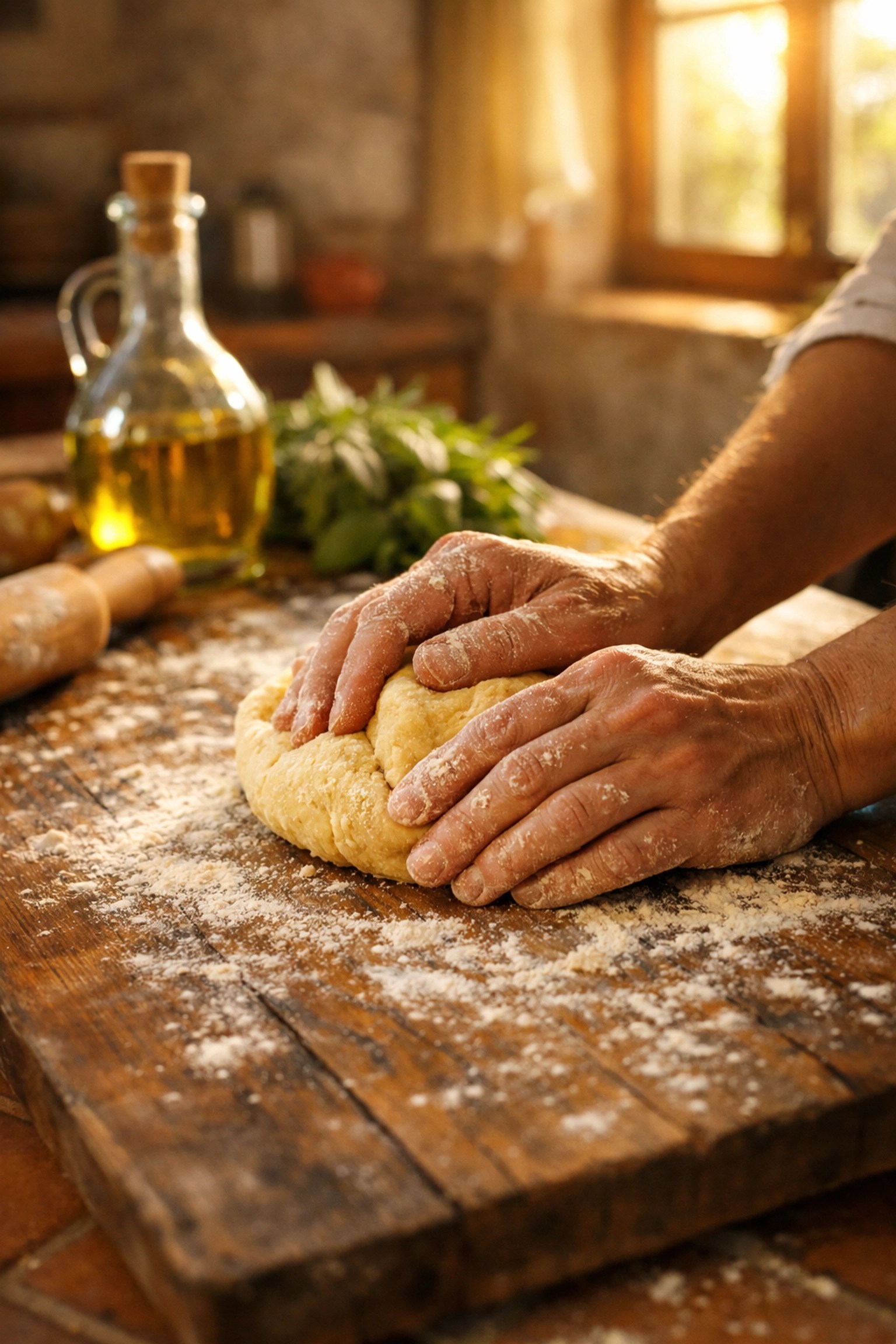 Hands kneading fresh pasta dough in Tuscan kitchen during authentic cultural immersion experience