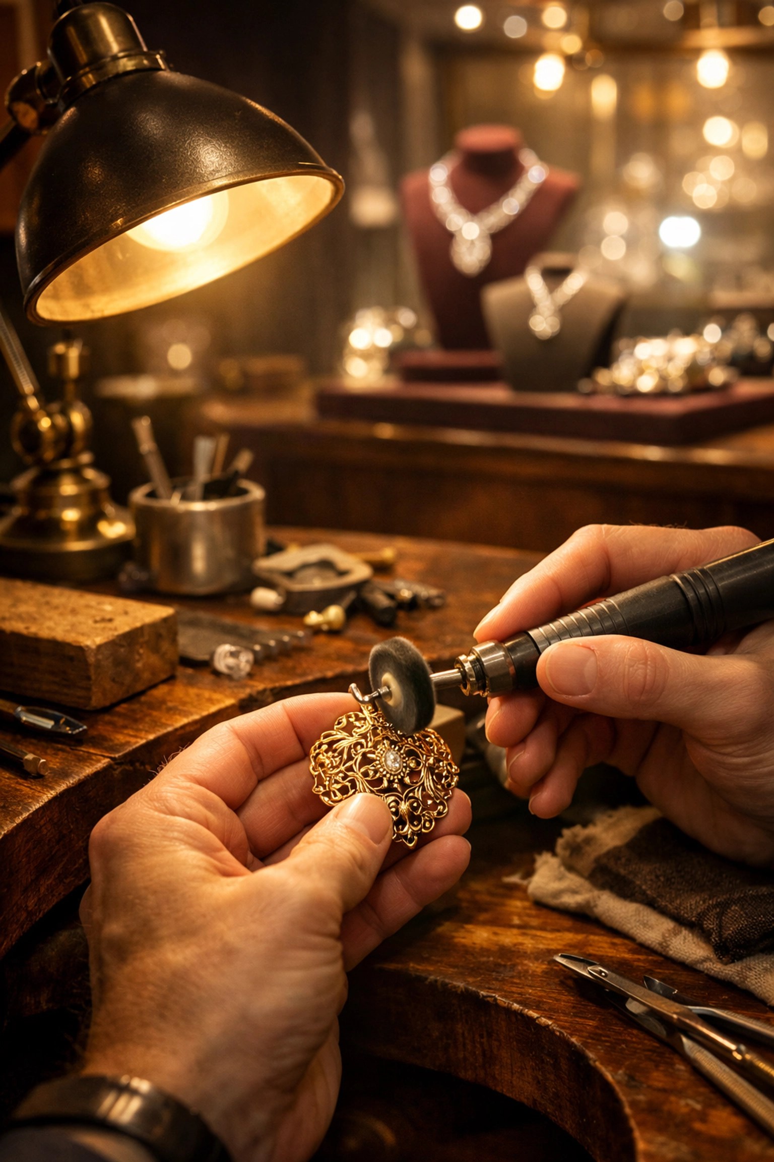 Expert jeweler polishing a gold pendant at a workbench, showcasing professional jewelry repair in Schaumburg IL.