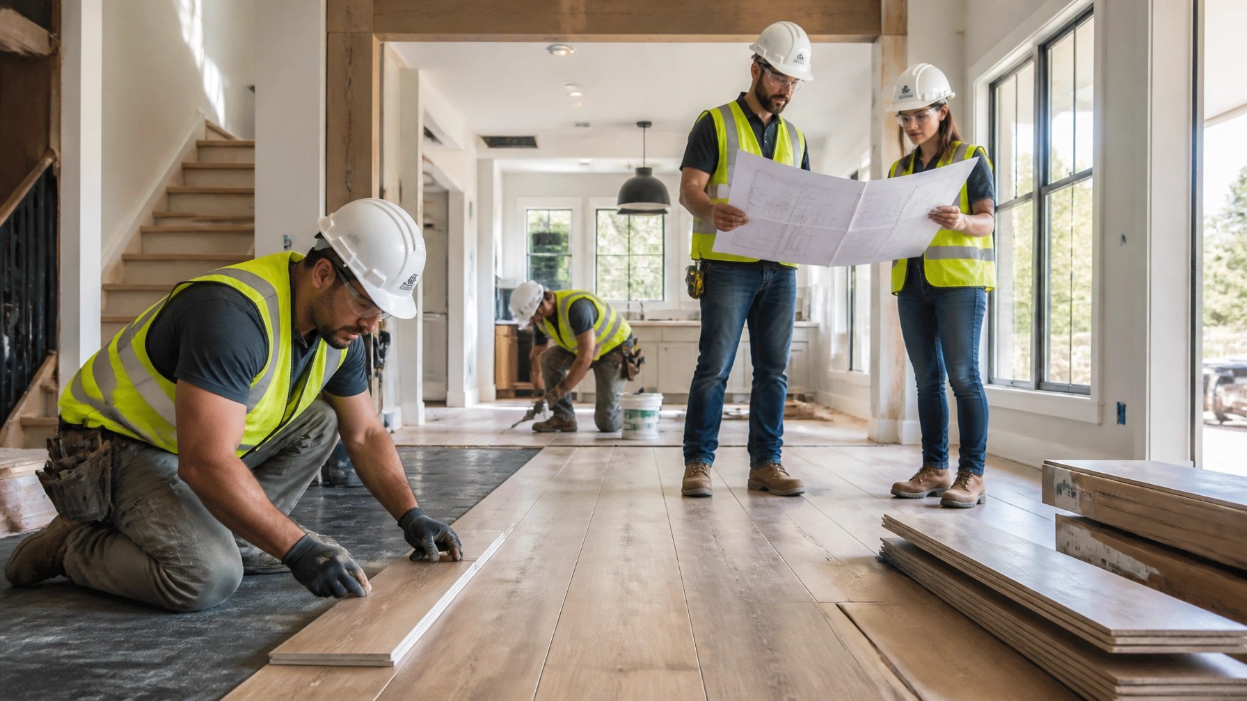 A team of professional construction workers renovating a Maryland house interior.