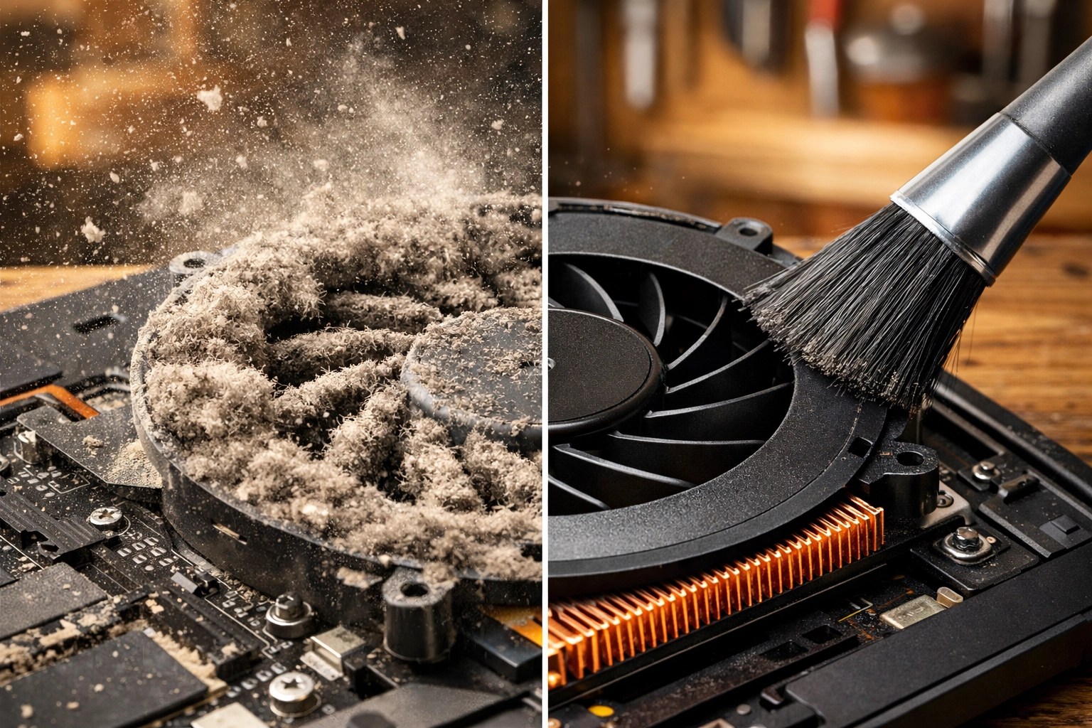 Laptop cooling fan before and after deep cleaning to prevent overheating from Southern Alberta dust.