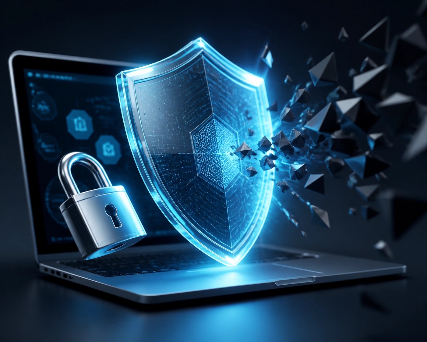 Cybersecurity shield protecting a network during a remote Microsoft Quick Assist support session.