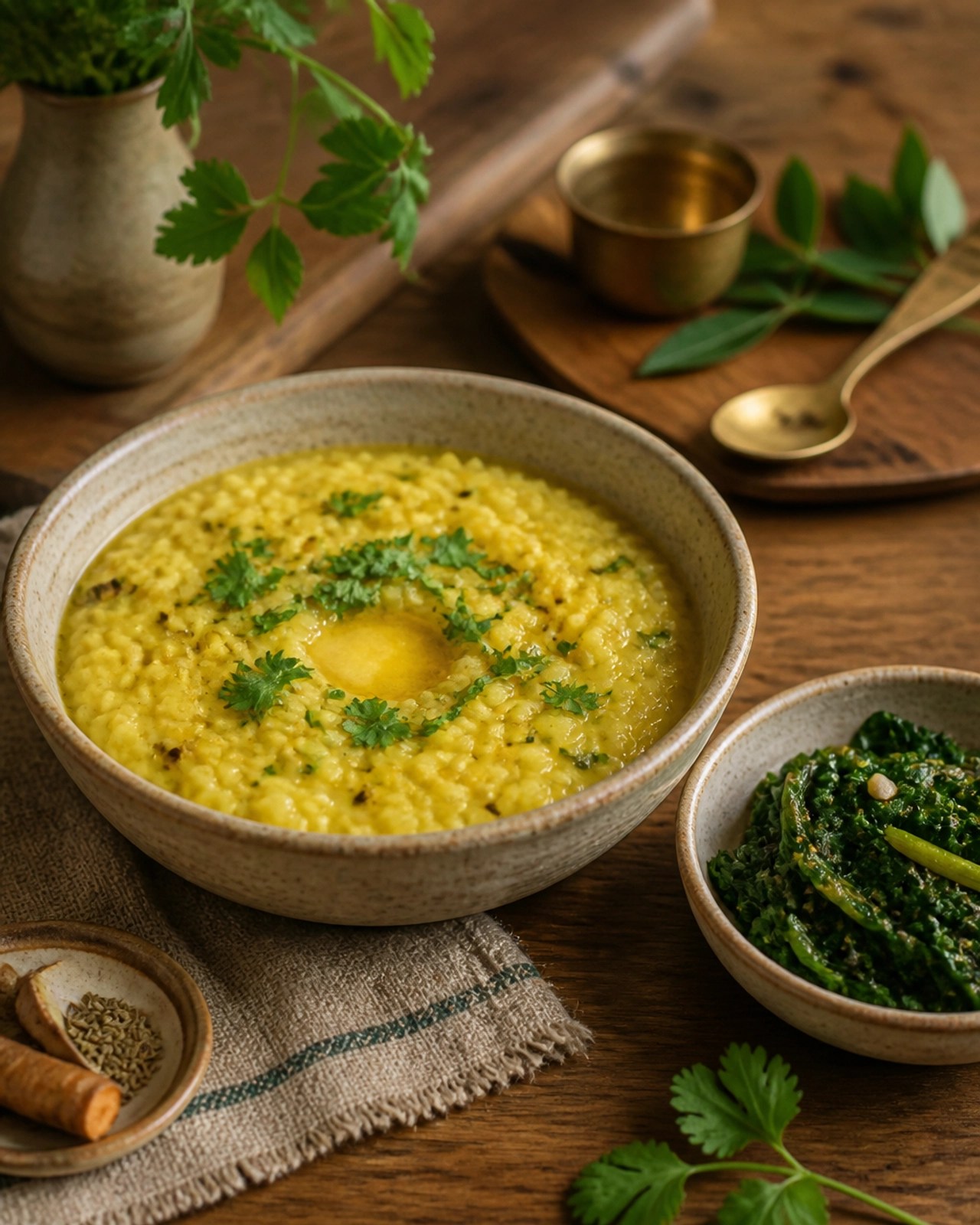 A nourishing bowl of golden kitchari garnished with cilantro, representing a balanced Ayurvedic meal.