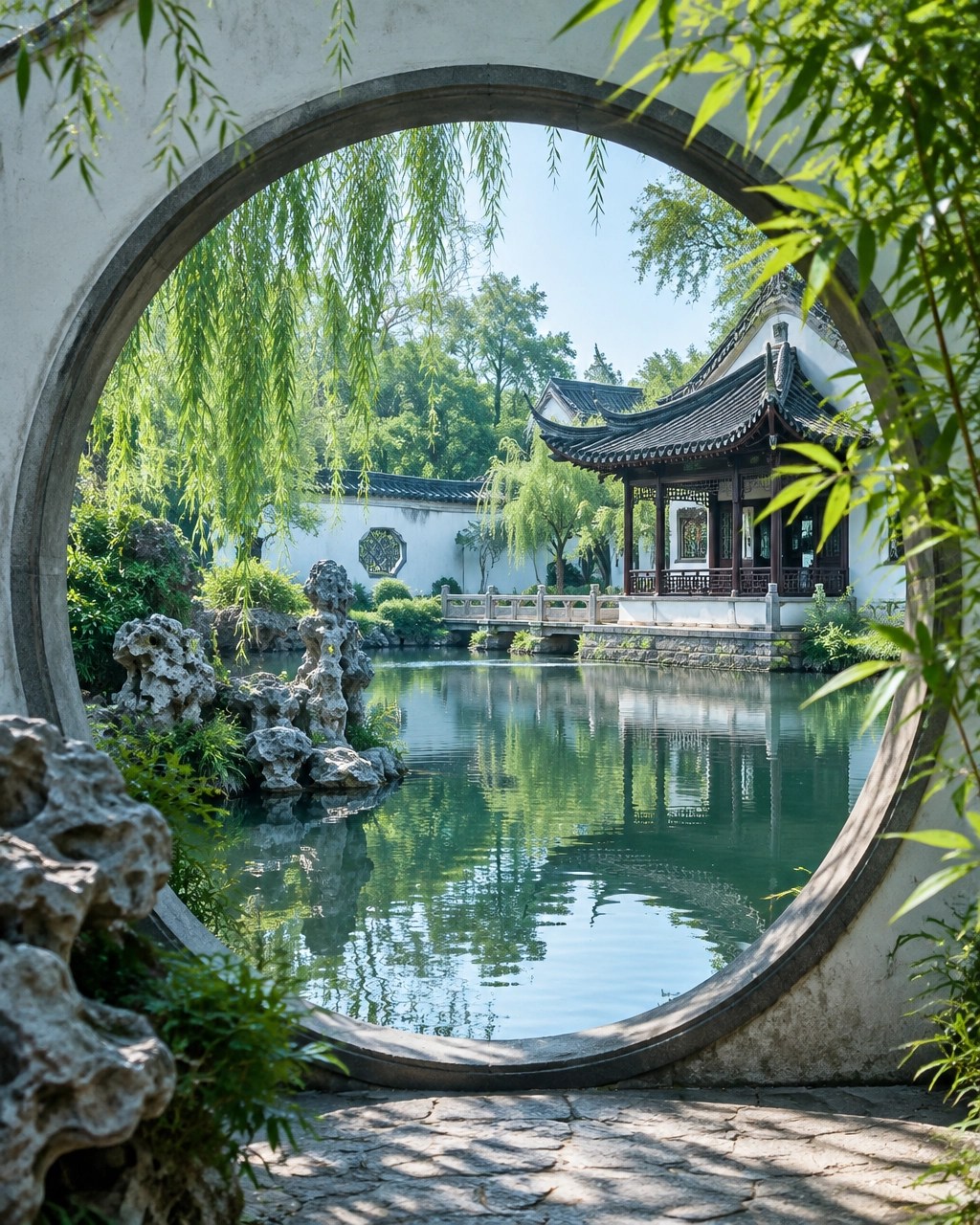 Serene classical garden in Suzhou framed by a moon gate, with pond, pavilion and lush greenery