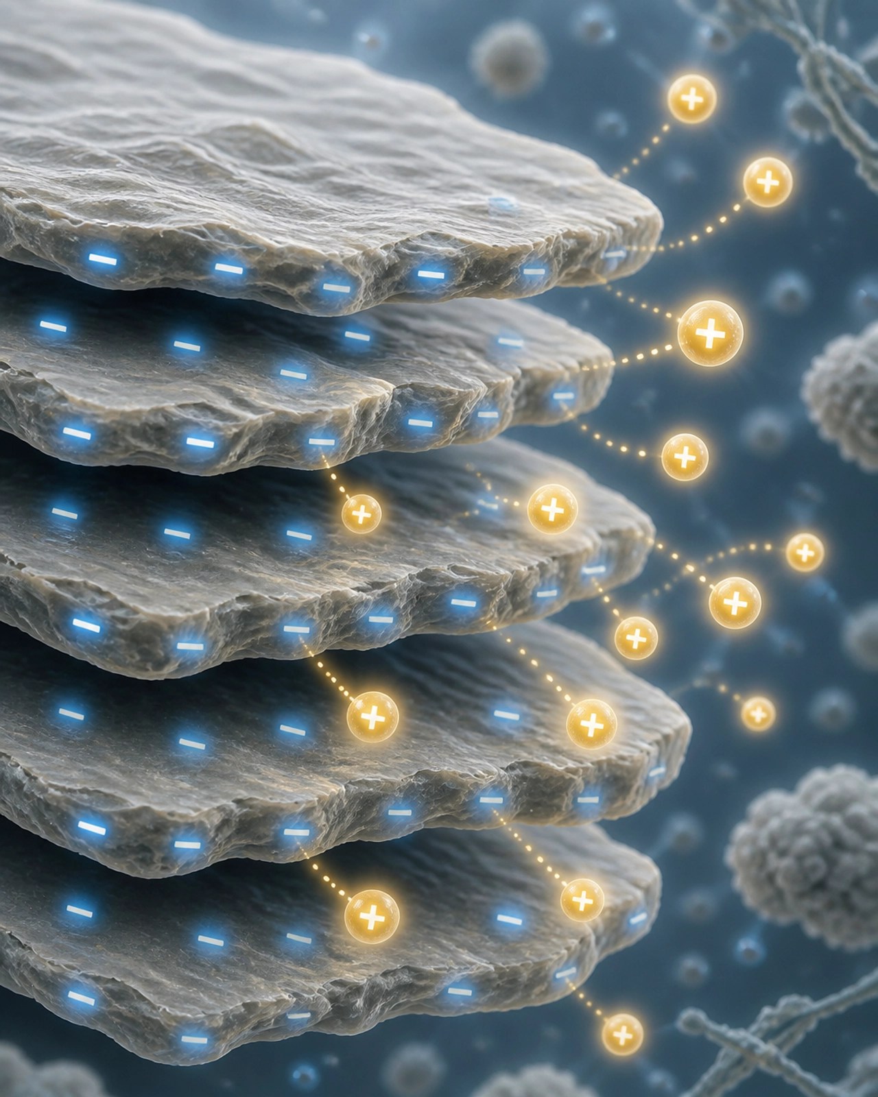 A scientific illustration showing a microscopic view of clay platelets with negative charges attracting positive particles.
