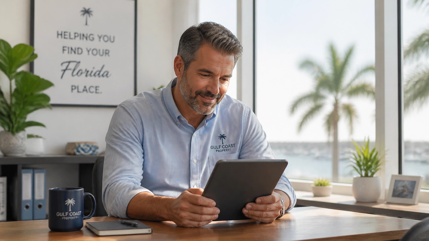 Owner reviewing plan in sunny office