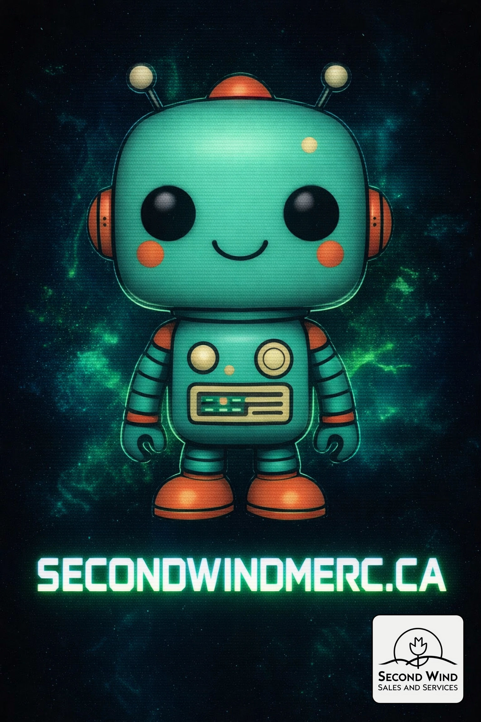 The face of Second Wind - Our new teal robot mascot