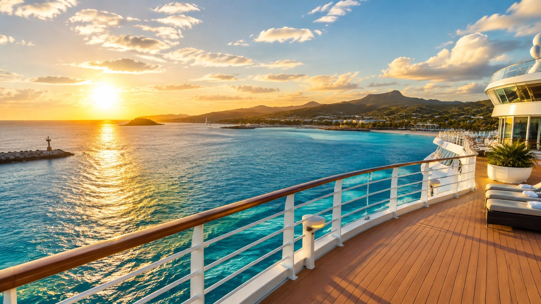 A cruise ship upper deck looking out over sparkling water and a tropical coastline at golden-hour departure
