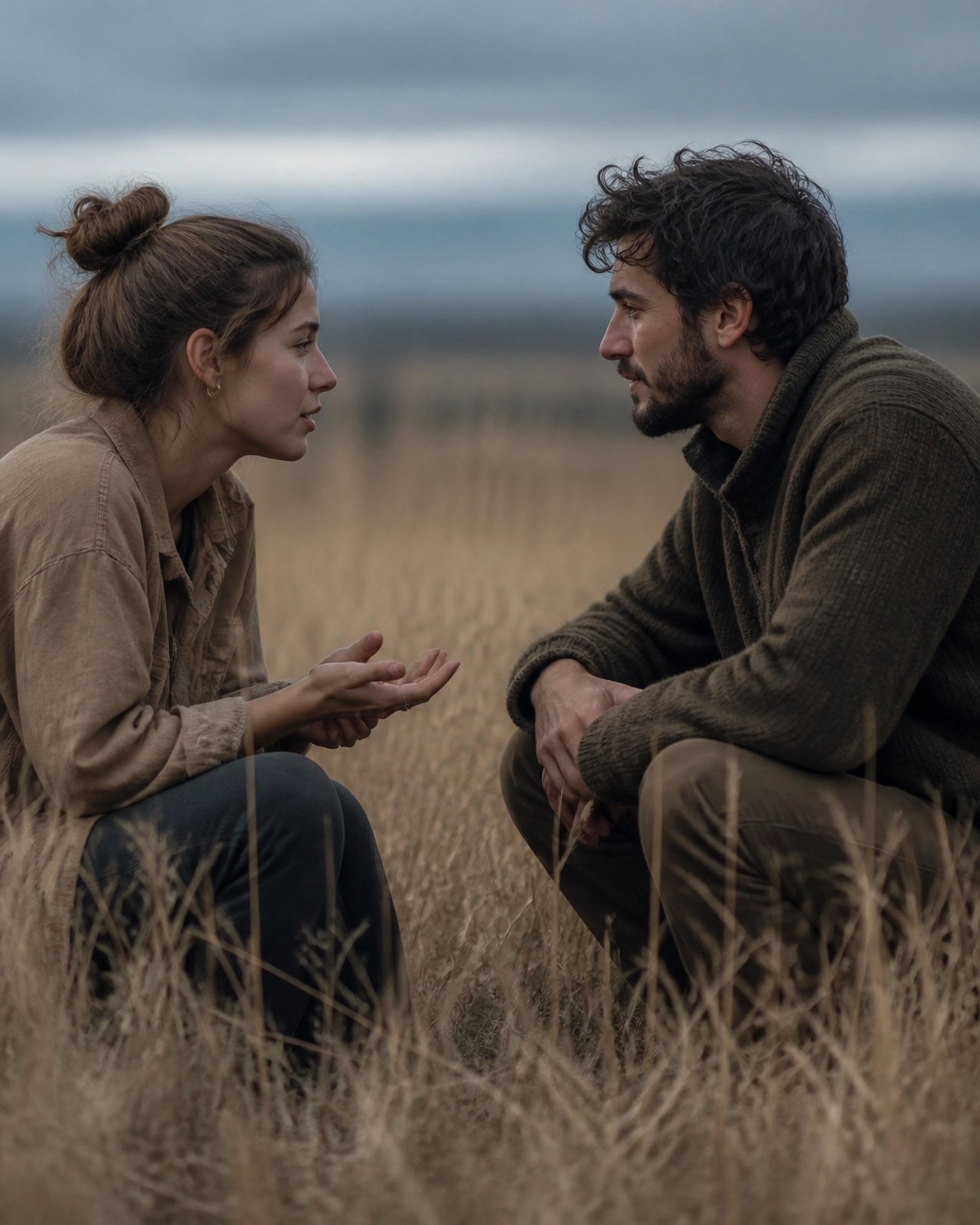 Two people sitting in a quiet, outdoor setting, one listening intently to the other, illustrating the result of staying grounded: deep human connection.