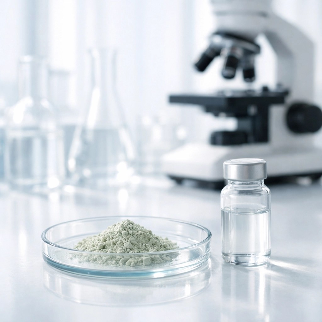 Green clay mineral powder in a lab setting highlighting the safety testing and purity of Clayer