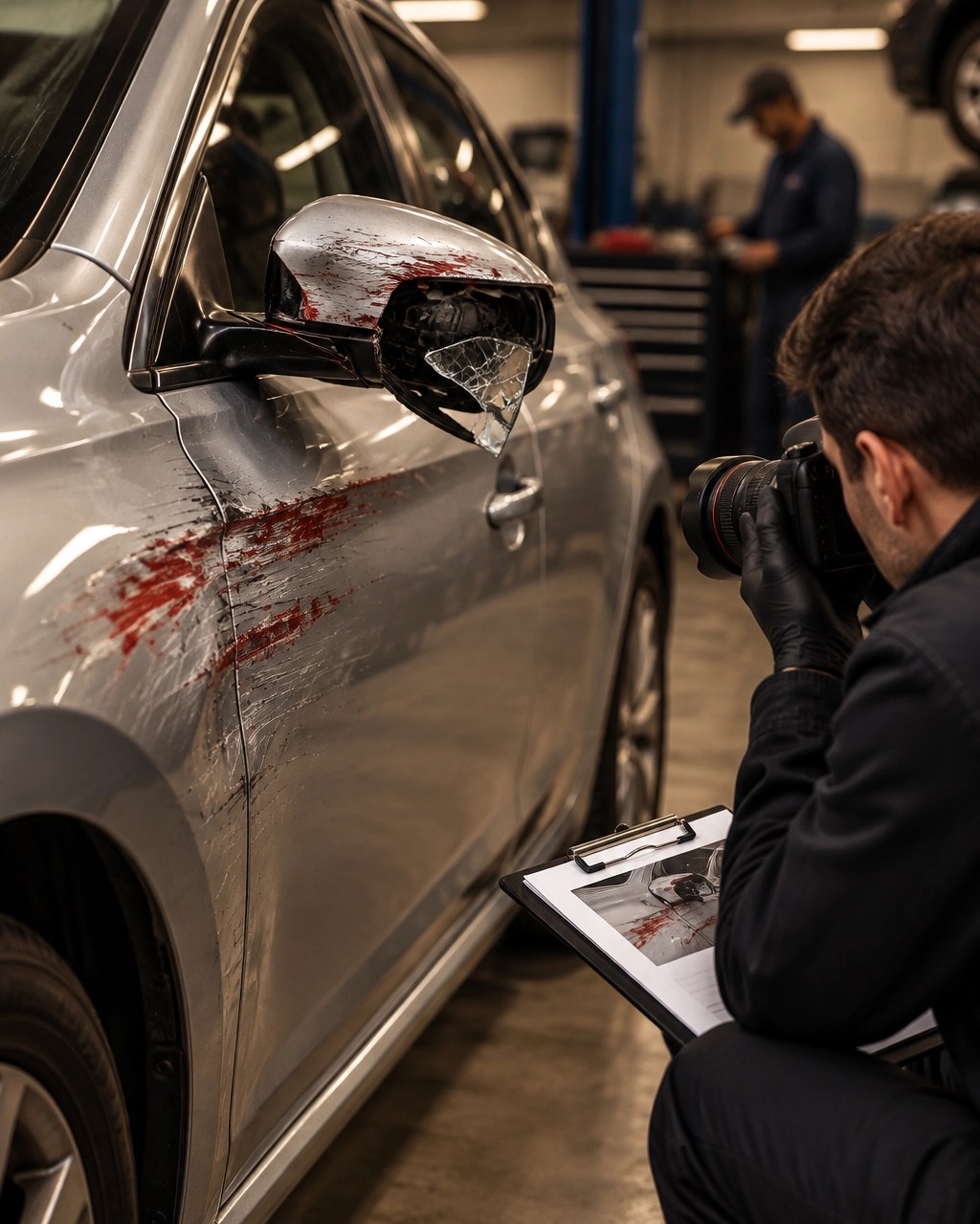Damaged sedan in an auto body shop while matching paint transfer is documented