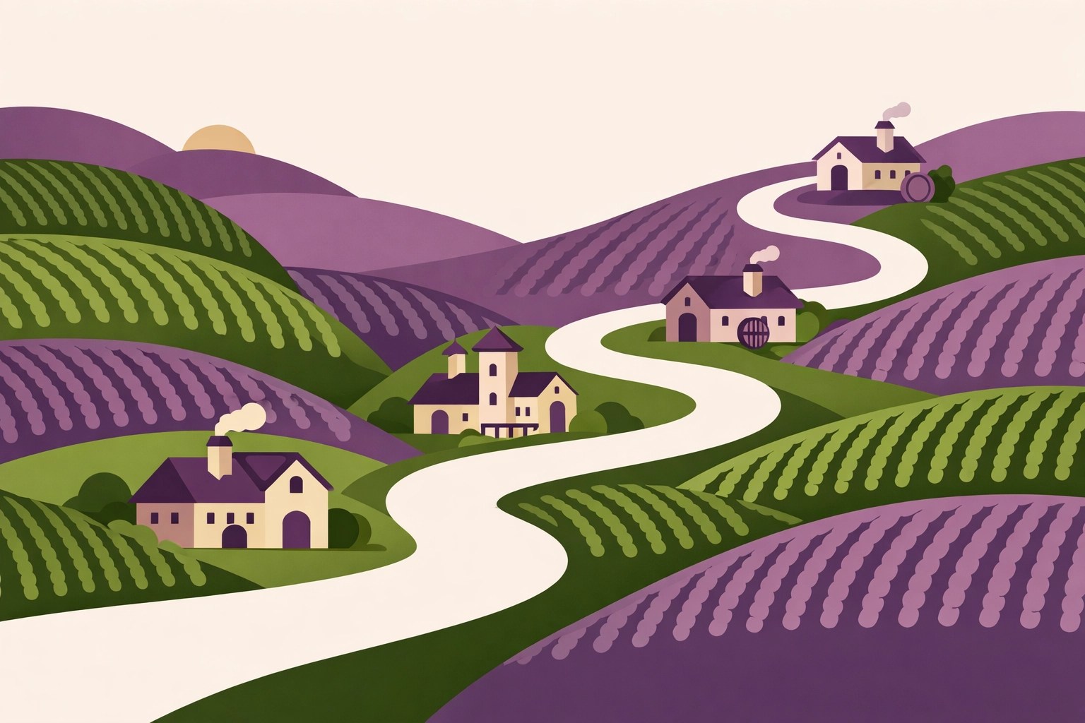 Map illustration showing custom winery tour routes through rolling hills and boutique vineyards.