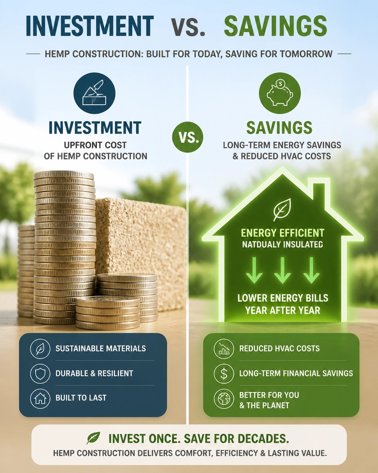 An infographic illustrating the initial cost of hemp construction versus long-term energy savings