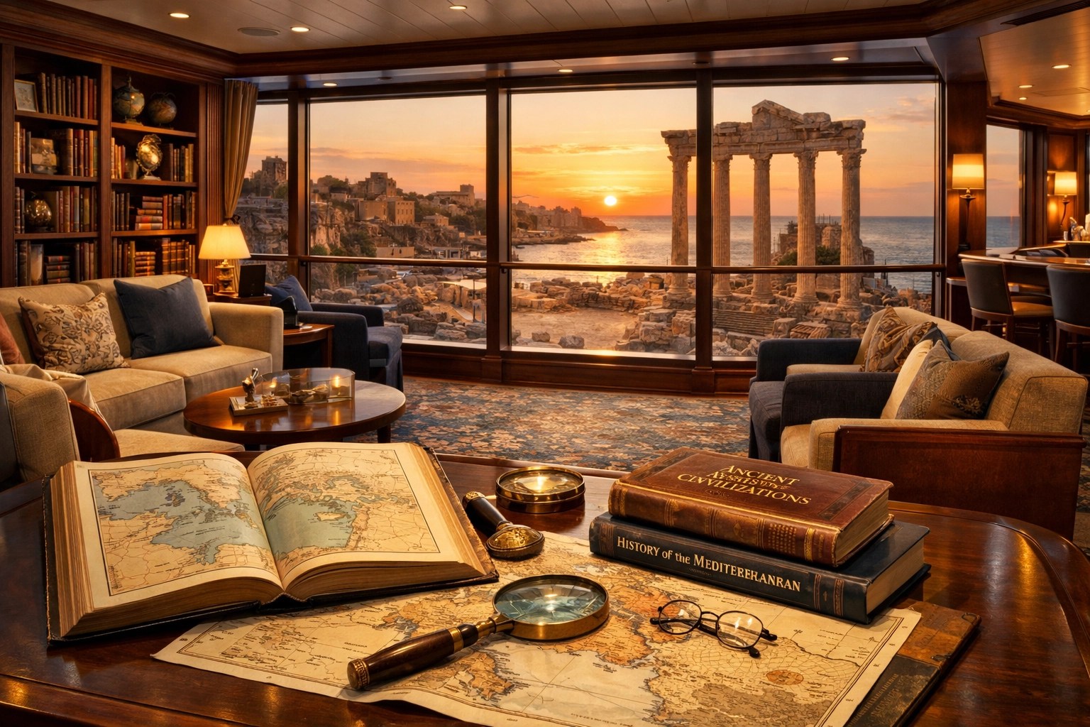Sophisticated Swan Hellenic ship library and observation lounge overlooking Mediterranean ruins.
