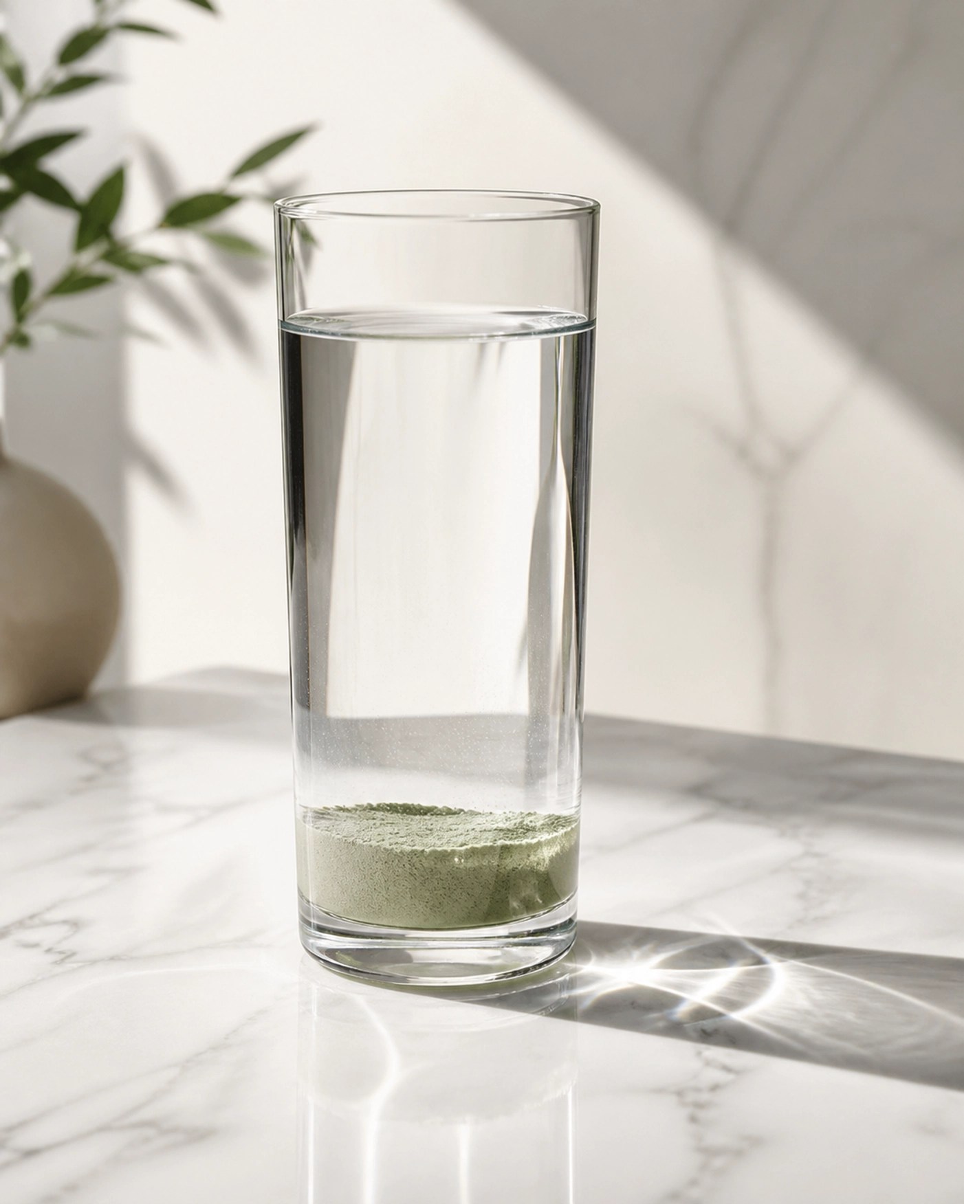 A clear glass of water showing settled green clay sediment for internal detoxification and mineral use.