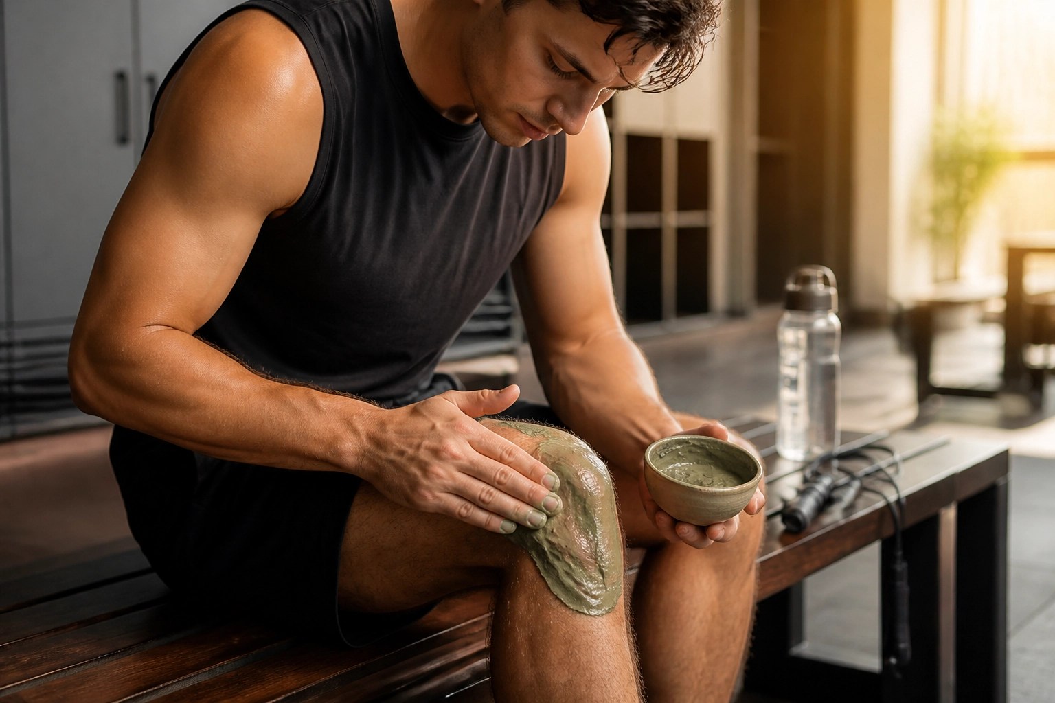 Athlete applying French Green Clay paste to a sore knee for natural muscle recovery and pain relief.