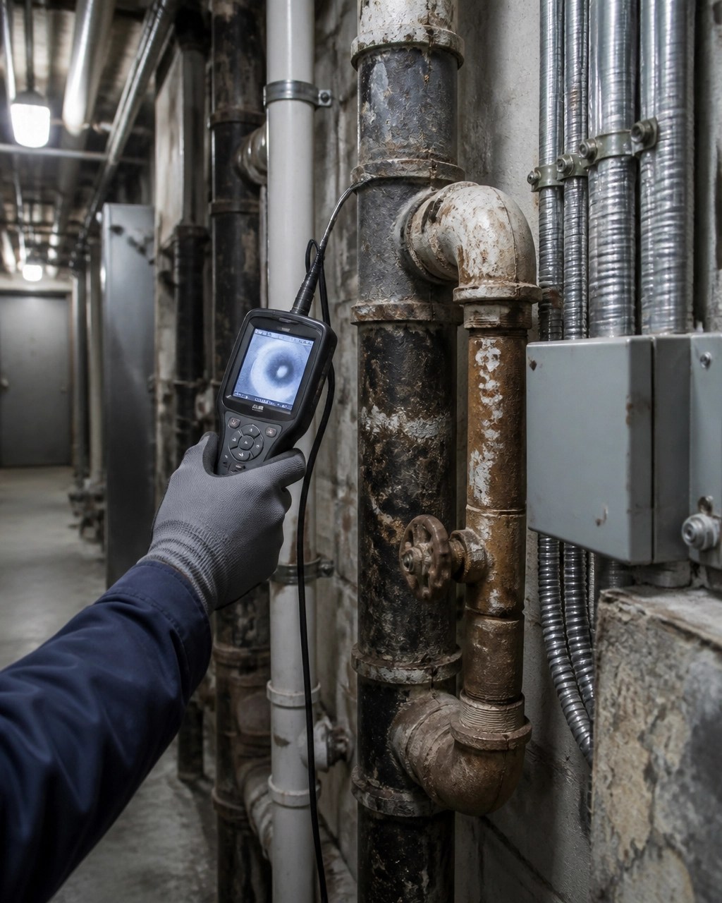 Technical view of plumbing risers, electrical conduit, and mechanical systems in an older residential building