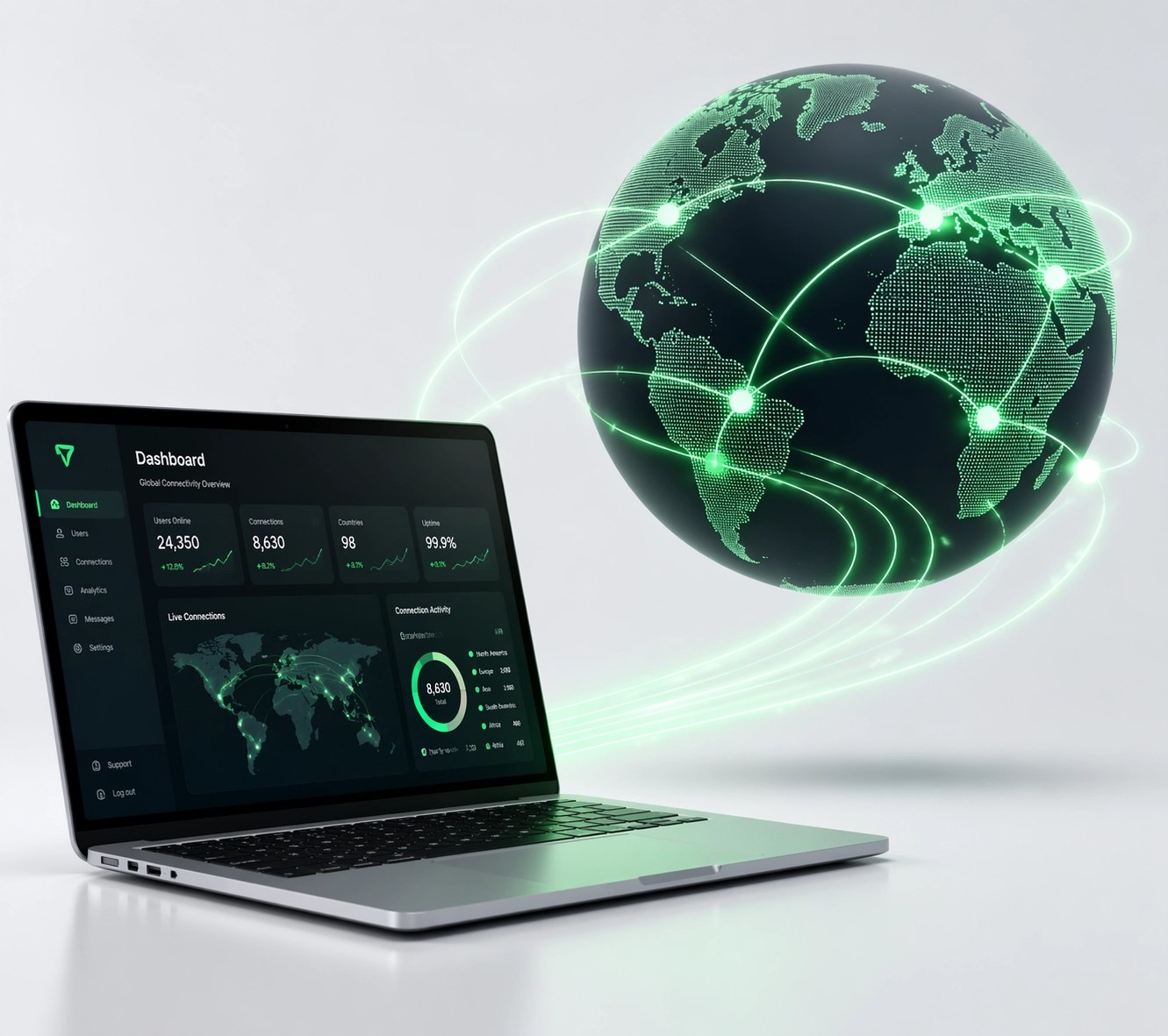 Laptop connected to a digital globe representing global remote IT support and business connectivity.