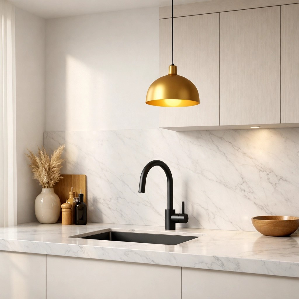 High-quality minimalist kitchen featuring marble countertops and modern fixtures in an affordable custom-built home.