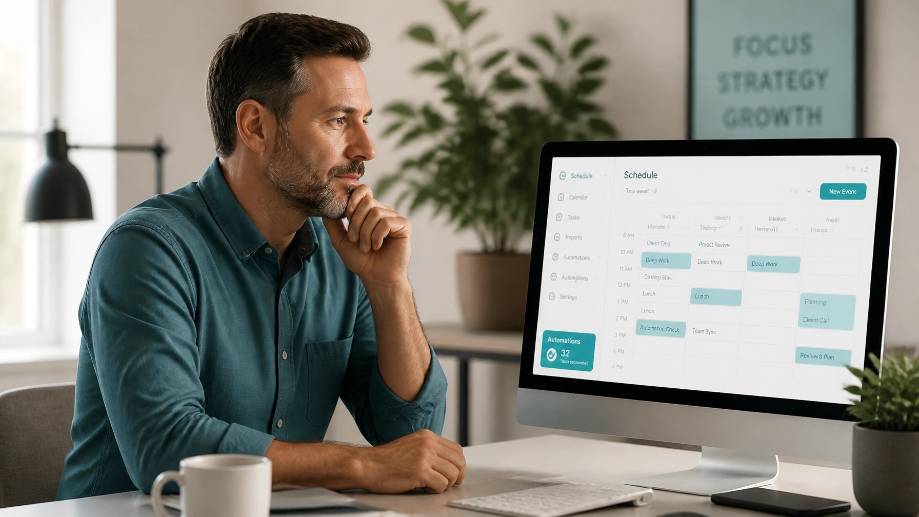 A solo business owner in a calm workspace reviewing a streamlined schedule, representing reclaimed strategic capacity.